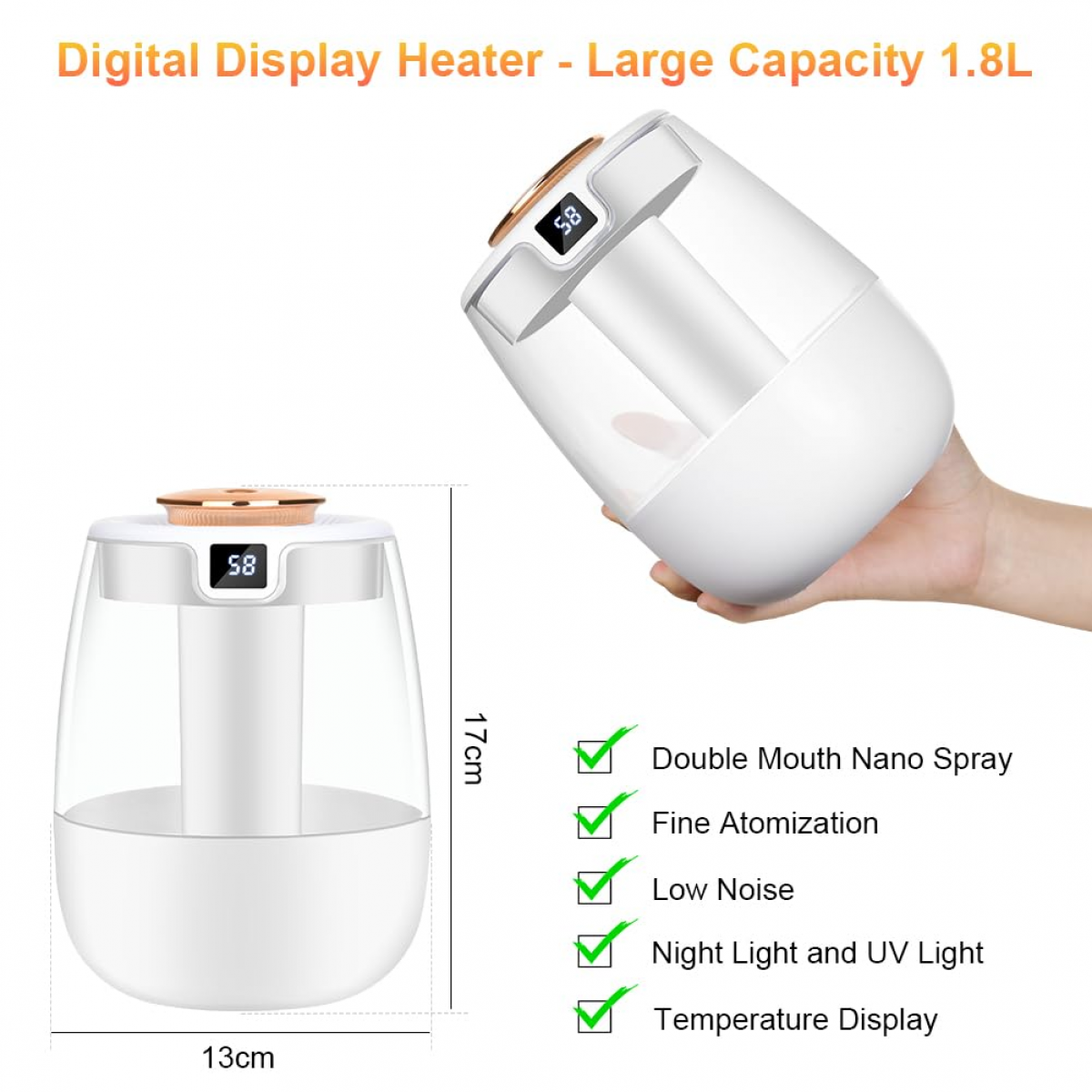 Umidificador de Quarto - Umidificador de Ambiente com Dois Bicos 360° de 1,2 L e Luz Noturna, Display Digital, 30 dB para Escritórios (Branco) - 3