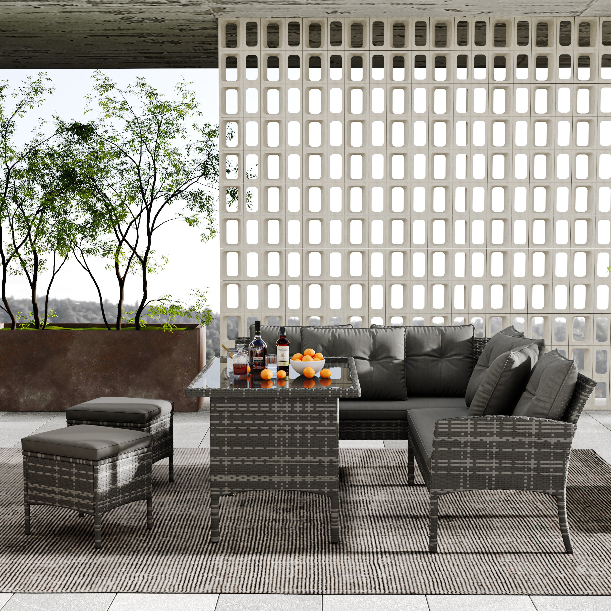Salon de jardin en fer forgé pour 7 personnes, canapé de jardin modulable tressé, mobilier pour balcon et terrasse, avec coussins gris - 2