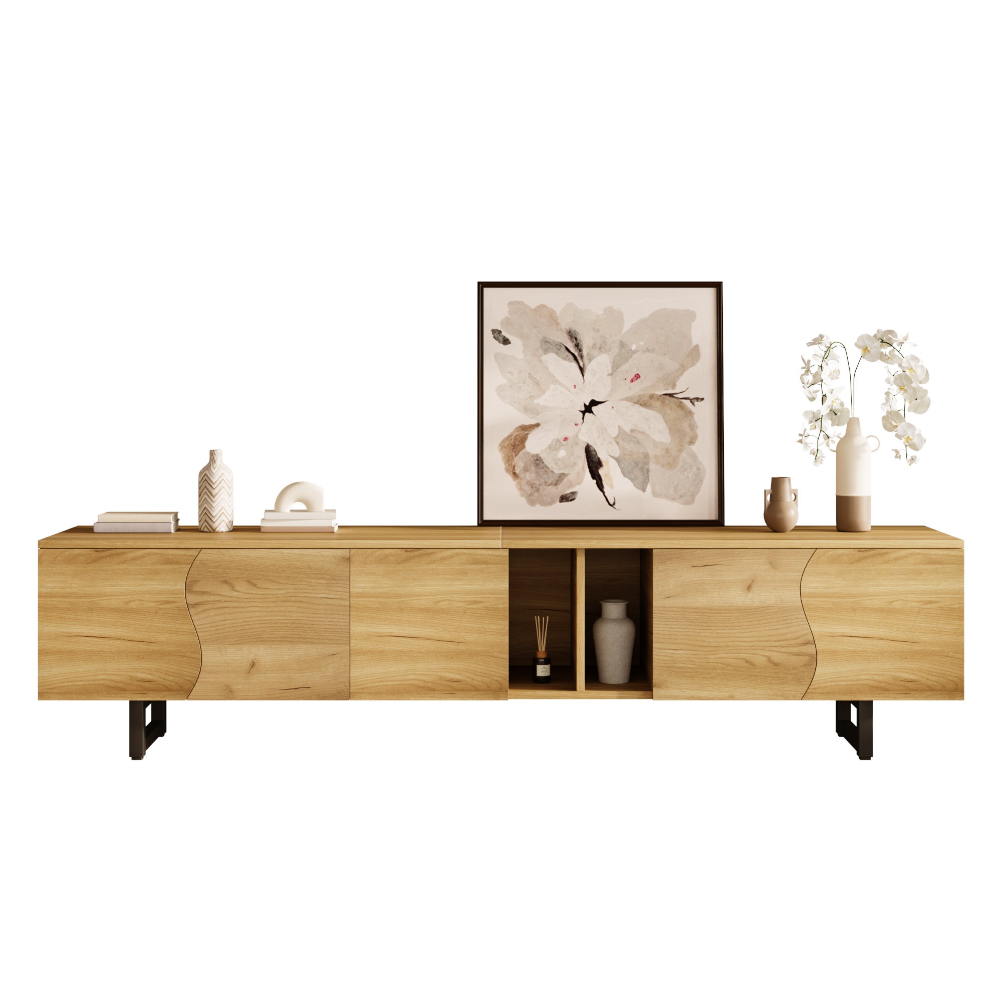 Stolik pod TV z 5 drzwiami i otwartymi przegródkami - 191 x 38 x 46,5 cm - Płyta wiórowa + MDF - Naturalny - 2