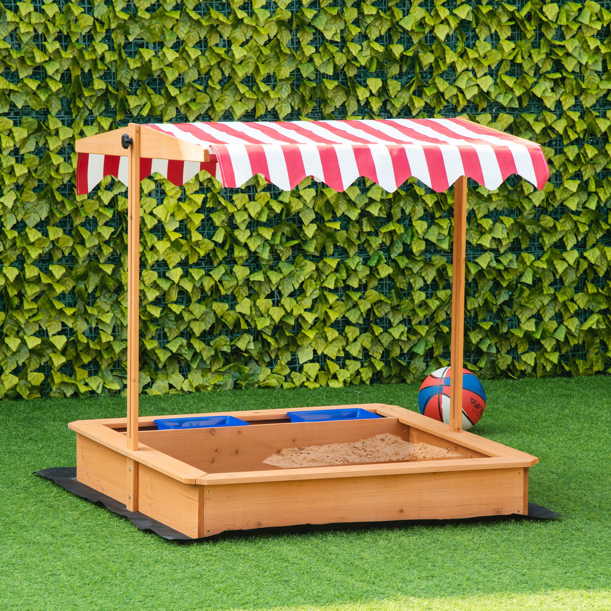 Outsunny Arenero Infantil De Madera Con Techo Regulable Y 2 Cubetas – Ideal Para Jardín, 107,5x107,5x110 Cm, Natural