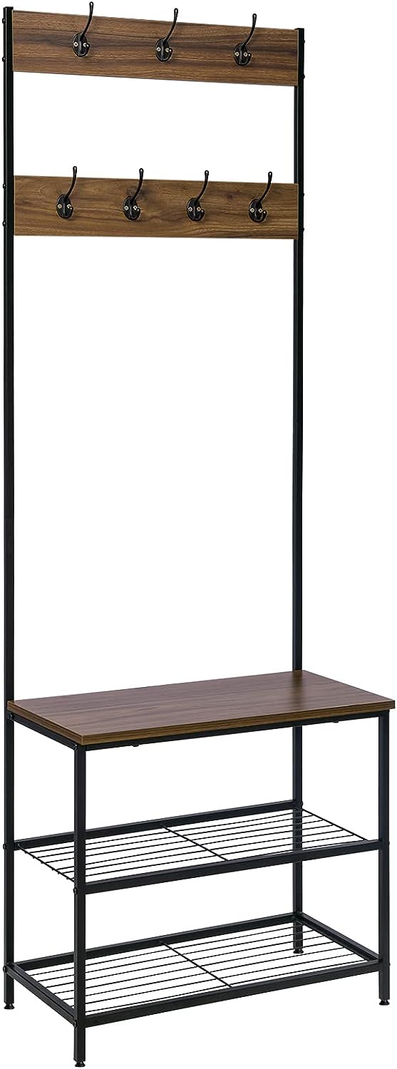 WOLTU Porte-manteau avec etagère à chaussures, 7 Crochets, Structure en acier, Noir+ Brun foncé