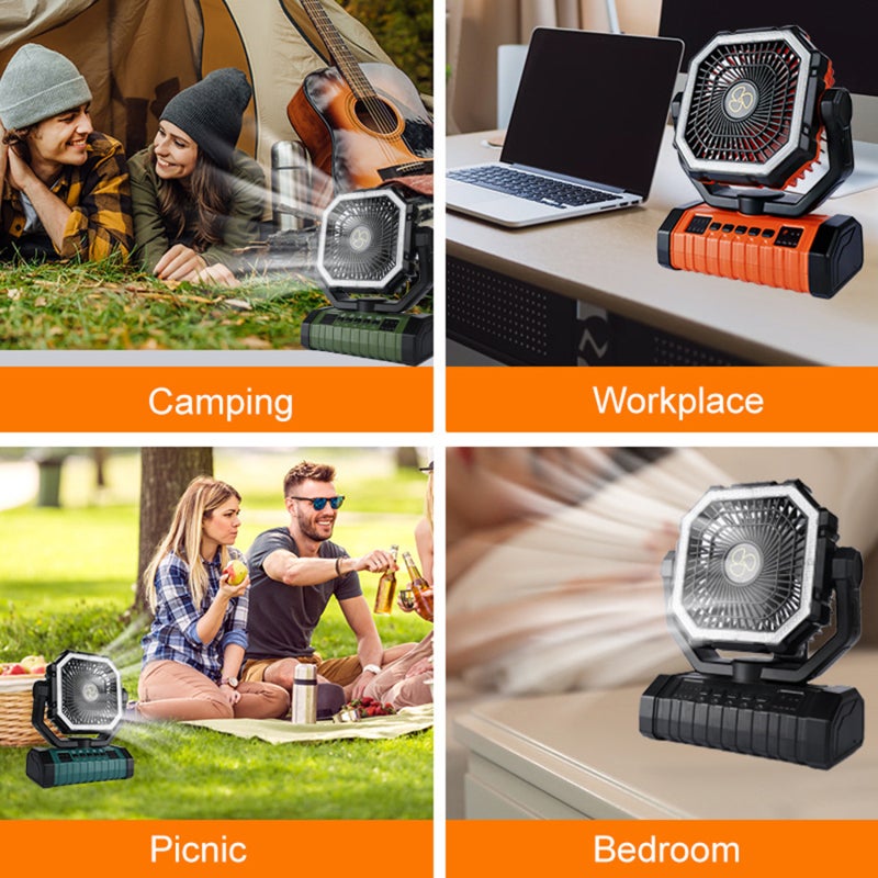 Ventilateur de camping rechargeable avec lanterne LED, télécommande, oscillation (suspendu, batterie longue durée) - 7