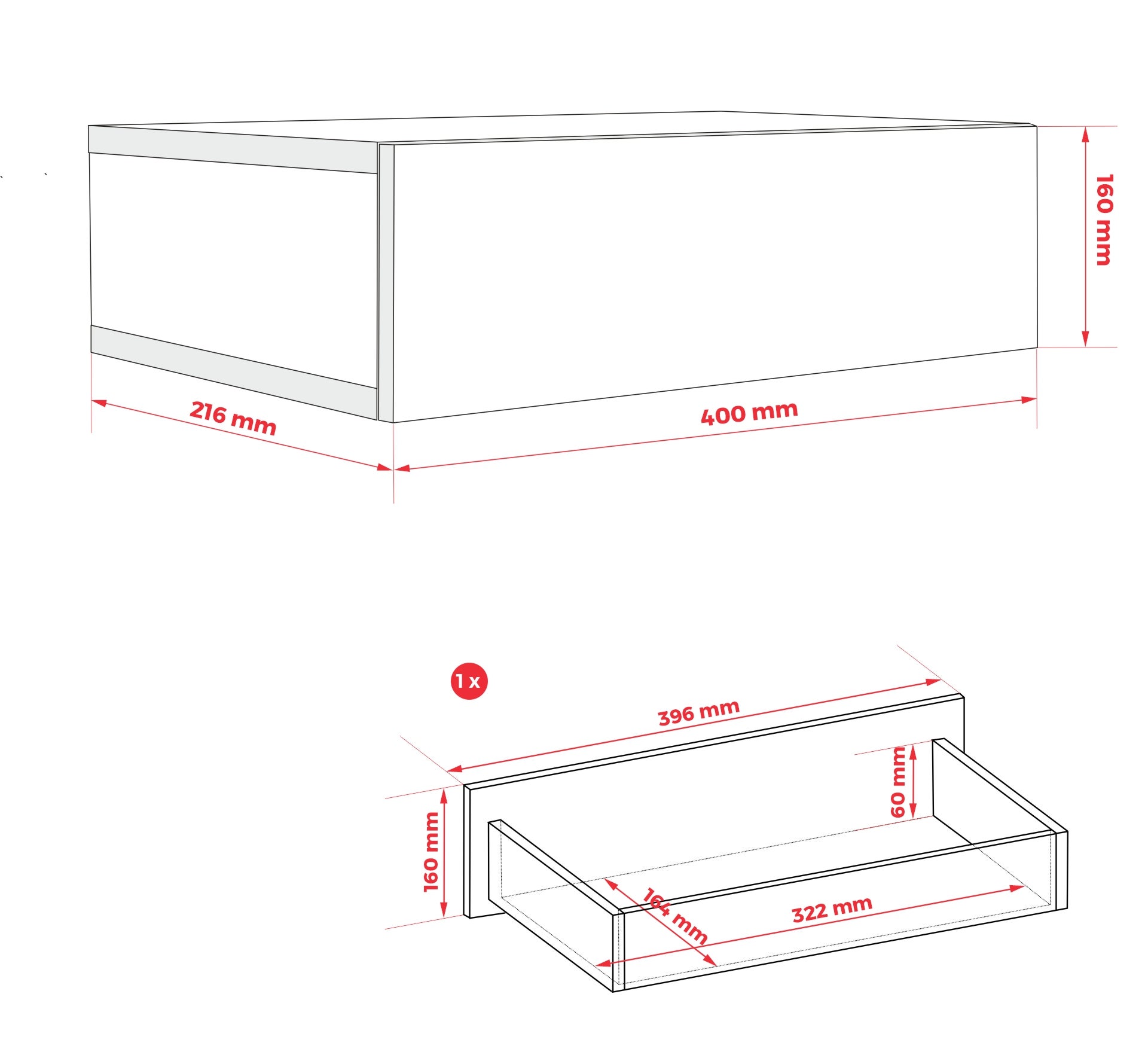 Comodino sospeso con cassetto – frontale liscio – colore: Marrone Caramello, 40 x 20 x 16 cm - 9