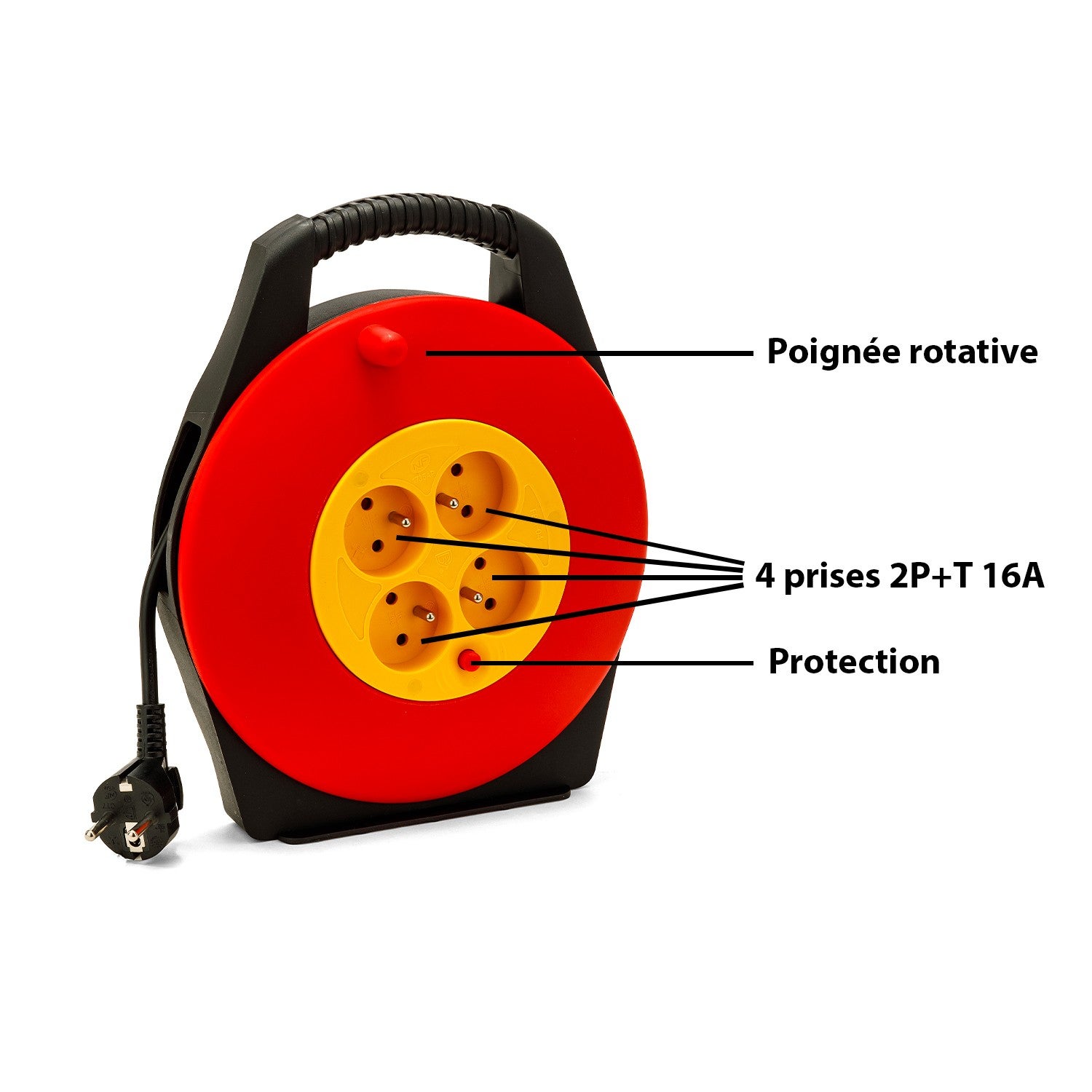 Enrouleur électrique domestique 10m, H05VV-F3G1.0MM2, 4 prises françaises 2P+T 16A, NF, CE - 3