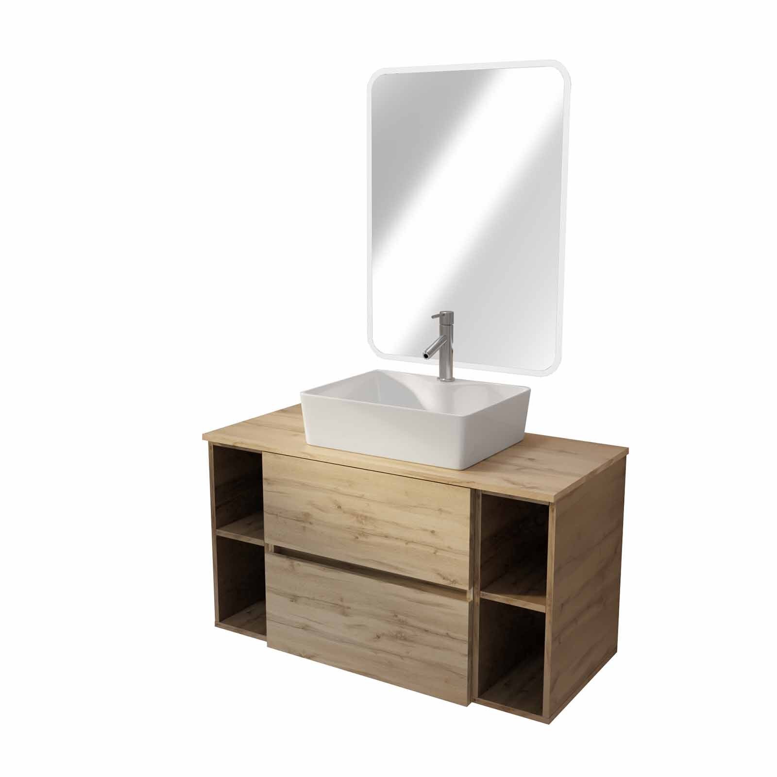 Meuble salle de bains 100 TIMBER Décor Chêne 2 Tiroirs Vasque Blanche Rectangulaire Miroir LED 60x80 - 3