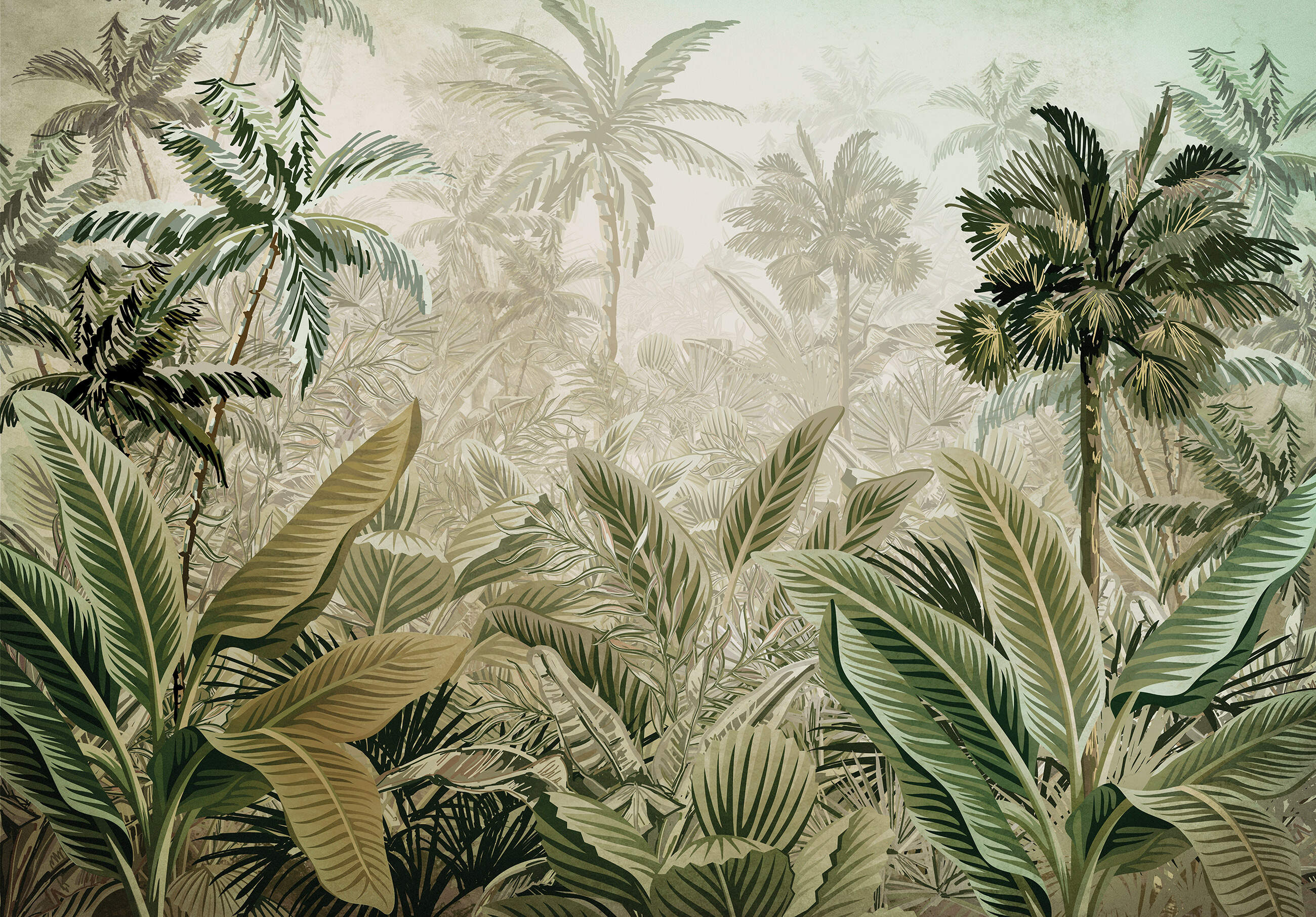 Papel pintado fotografia panorámica verde selva tropical hojas bosque 312x219 cm - incluye cola - moderno salon dormitorio papel no tejido
