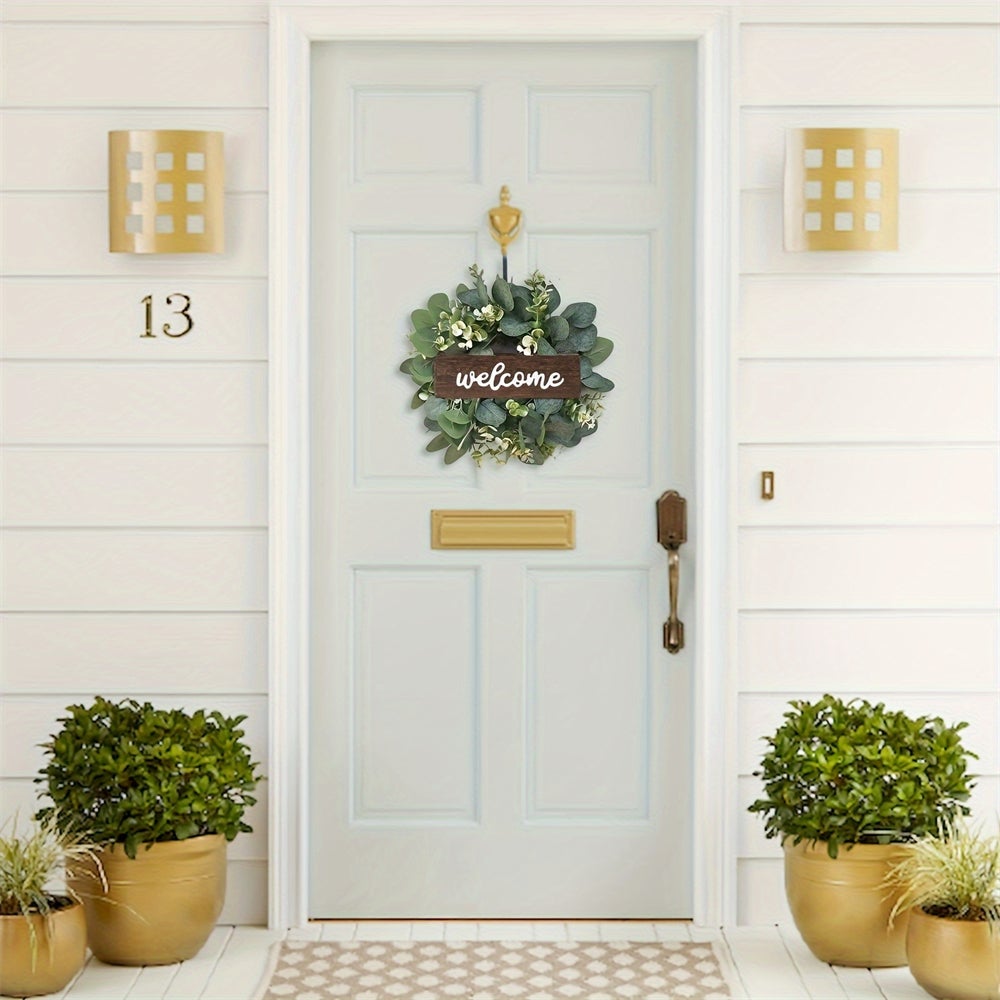 Couronne d'eucalyptus de bienvenue, couronne de fleurs artificielles en feuilles d'eucalyptus, porte d'entrée, fenêtre, décoration de jardin - 5