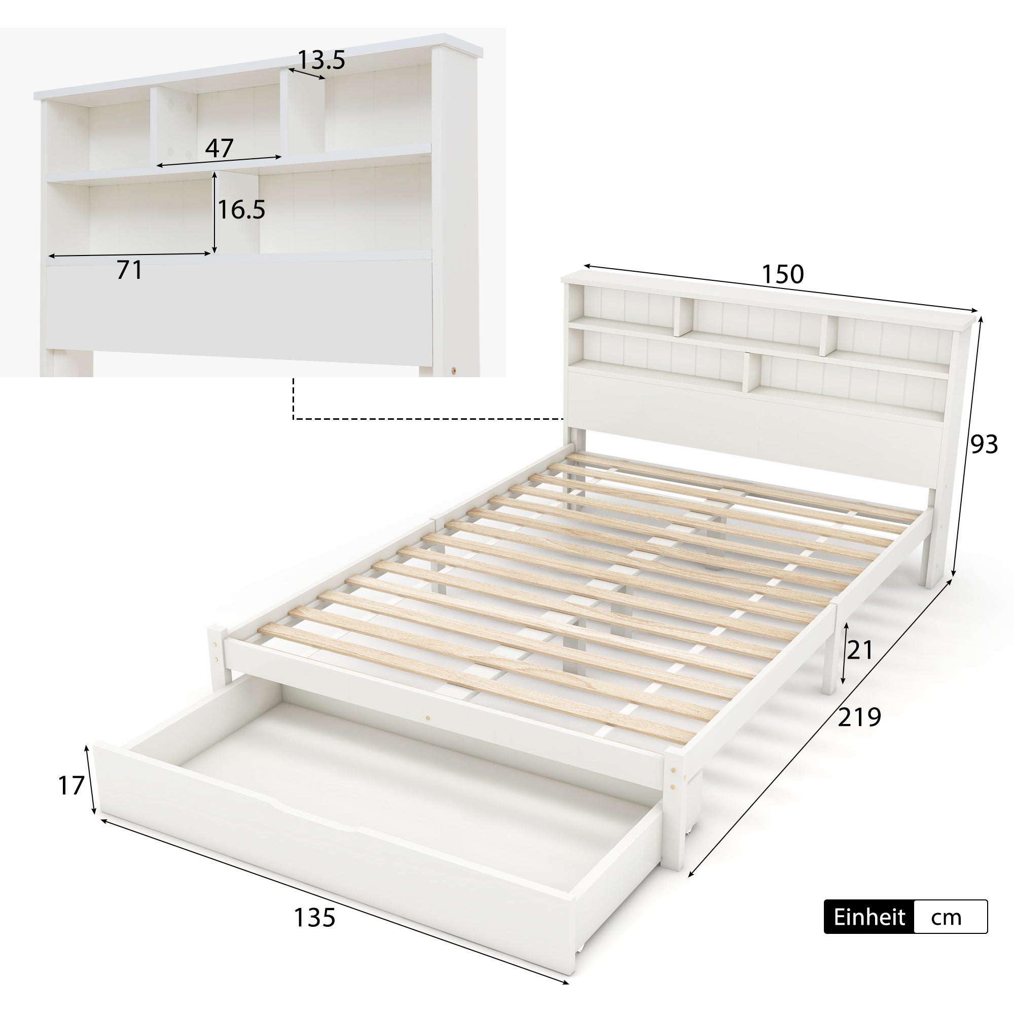 Lit Adulte Double 140x200 cm - Tiroir - Compartiments de Rangement - Sommier à Lattes - Blanc (Sans Matelas) - 3