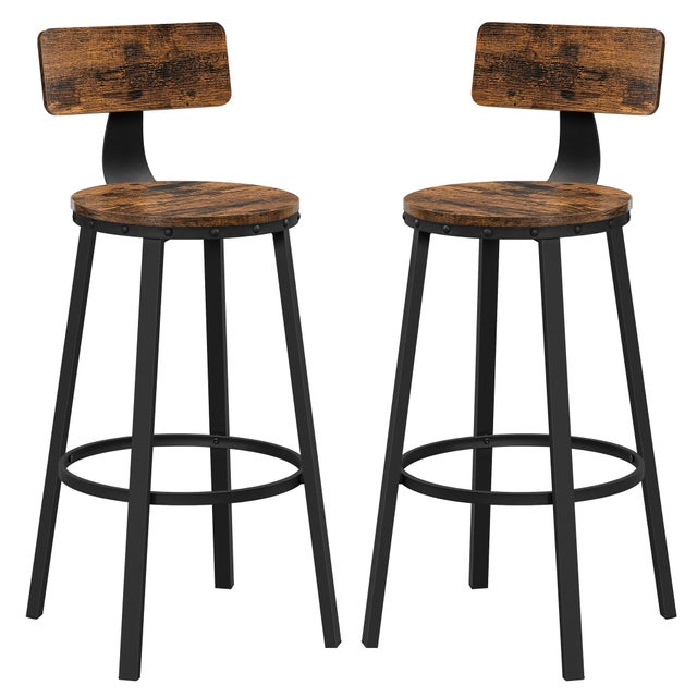 Tabouret Bar Industriel, Lot de 2, Chaises Bar Cuisine, avec Dossier, Cadre en Acier, Siège 73,5 cm de Haut,Marron Rustique et Noir d'Encre