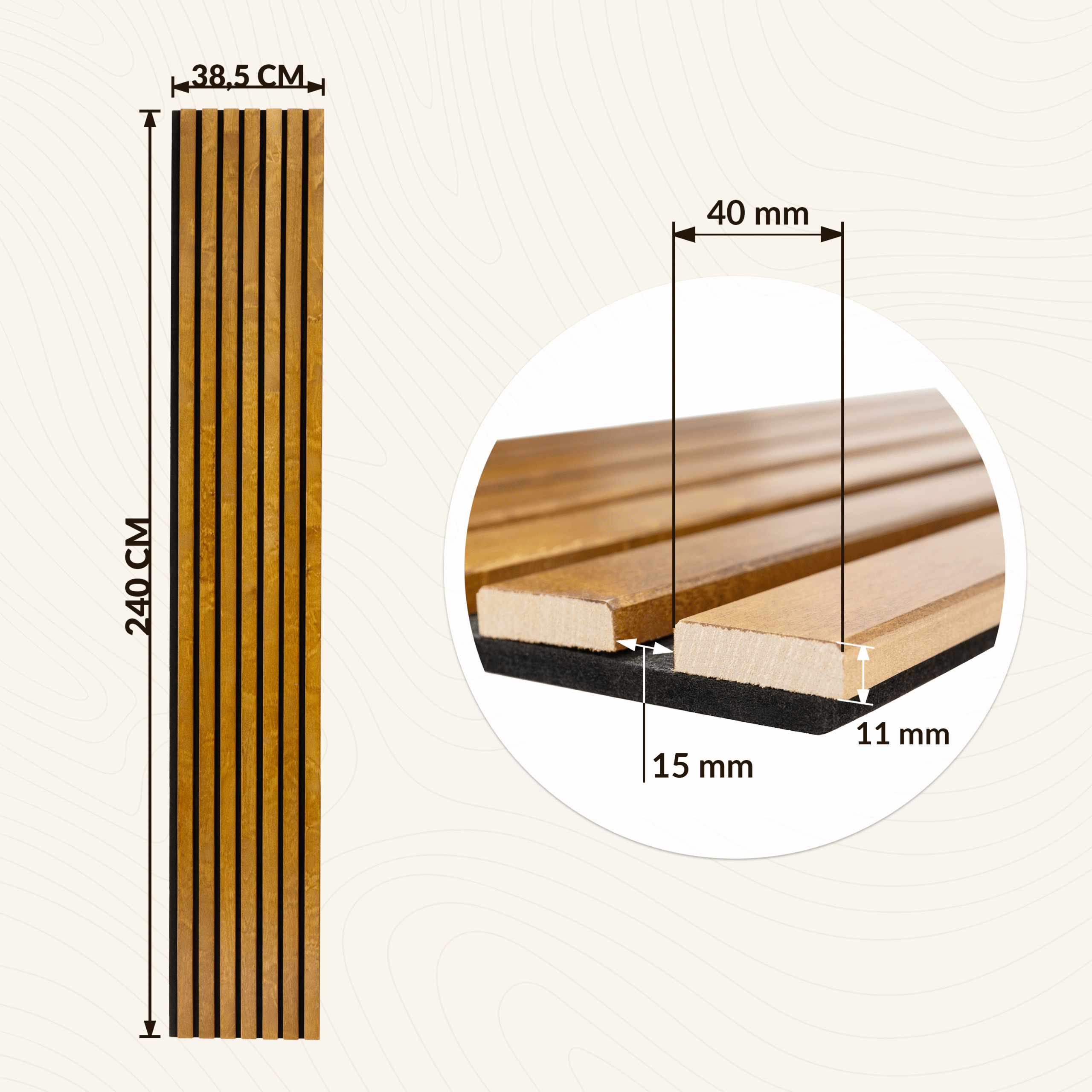 Lot de 2 Panneau Tasseau Acoustique en Bois - Bois de Bouleau Massif - 2400x385mm - Lattes 40mm, Support en Feutre Noir - 2