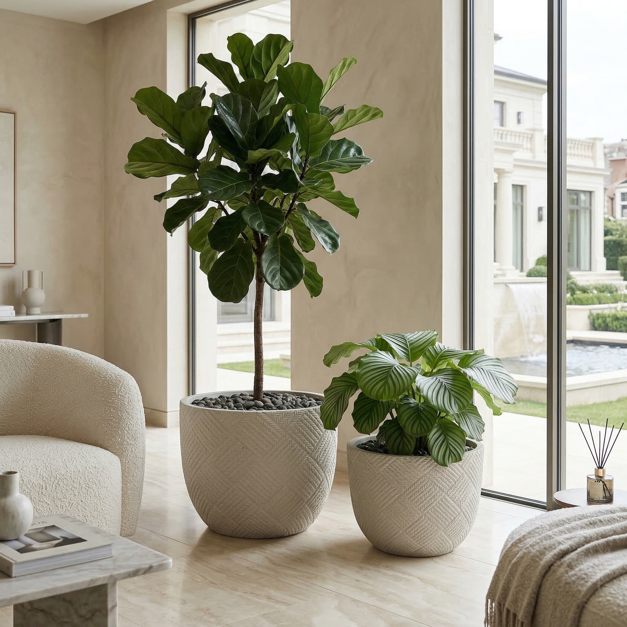Grand pot de fleur extérieur lot de 2 jardinière ronde avec drainage 37x28cm et 45x35cm en béton gris - 2