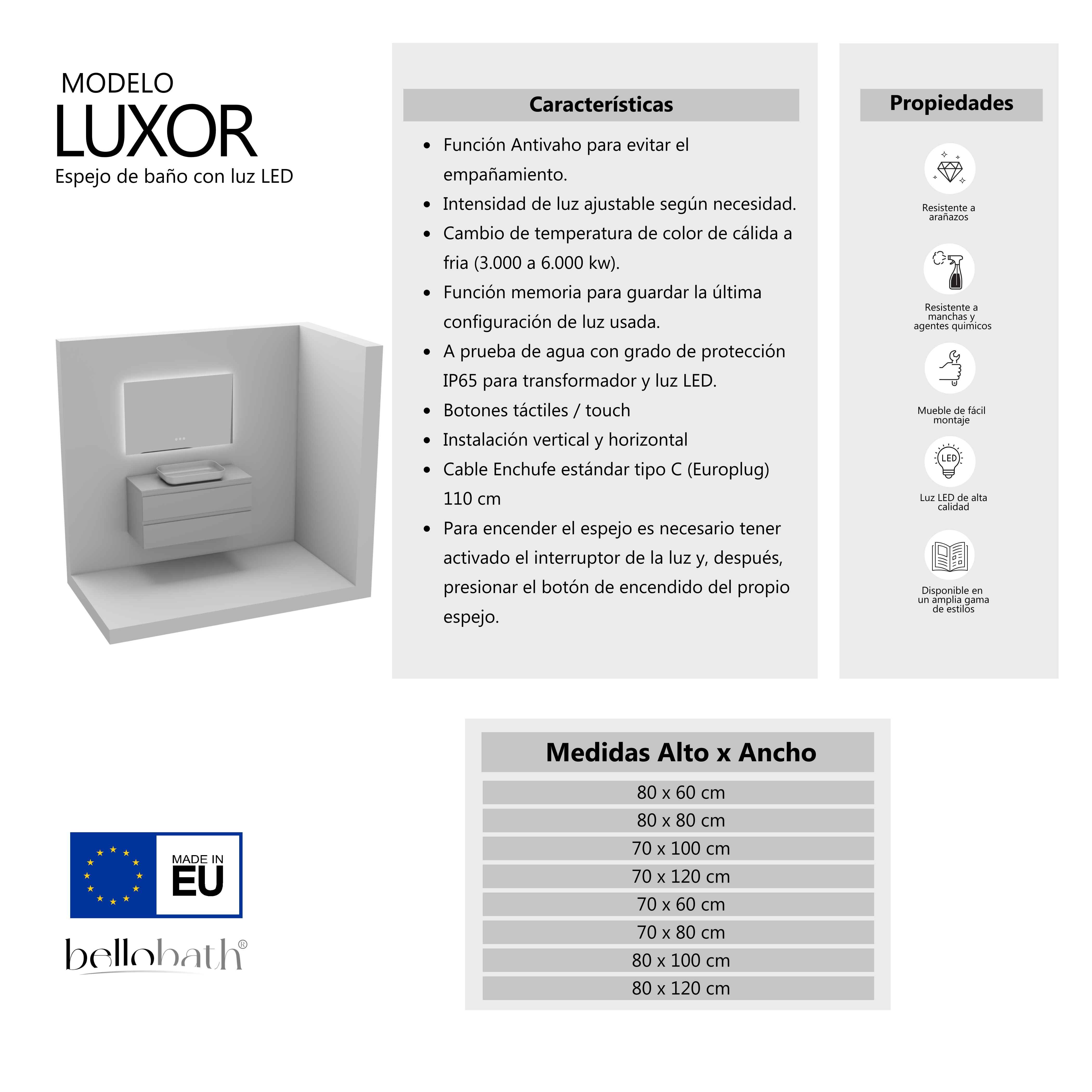 BELLOBATH - Espelho de banheiro com luz LED, luz ajustável em 3 cores e intensidades, antiembaçante - luz indireta 80cm alto x 80cm largura - 9