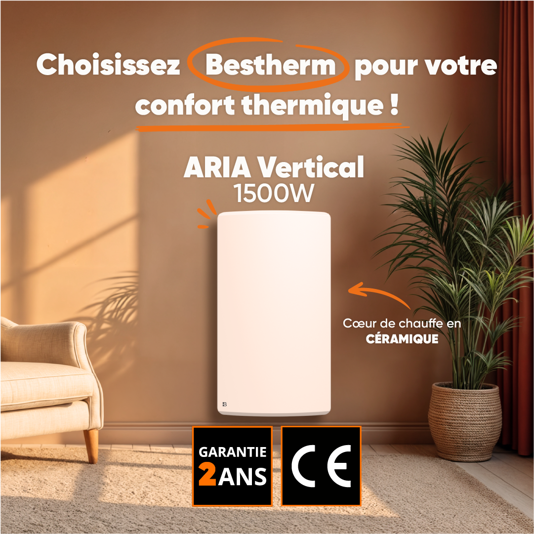 Radiateur électrique fixe à inertie sèche céramique 1500W Bestherm ARIA vertical blanc - 3
