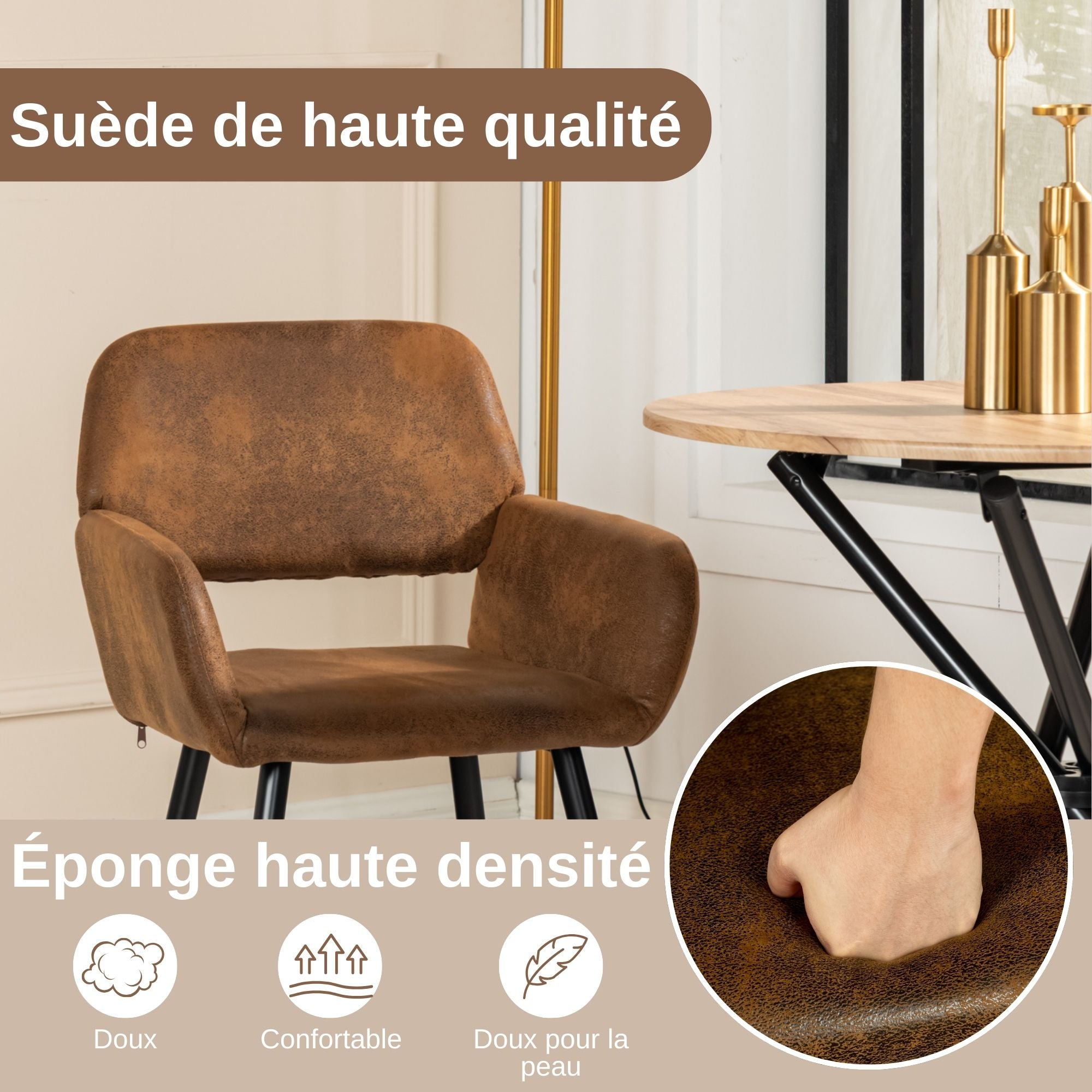 Lot de 2 Chaises de Salle à Manger avec Accoudoirs, Revêtement Effet Daim Marron Vintage, Pieds en Métal Noir, Confort et Élégance - 4