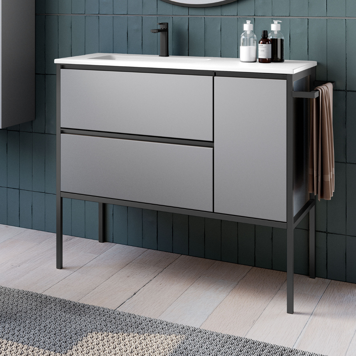 Armadio a pavimento bagno con lavandino | 80cm | 2 cassetti, porta laterale, chiusura e organizzatore con cuscini Design industriale | Nebbia - Nera - 2
