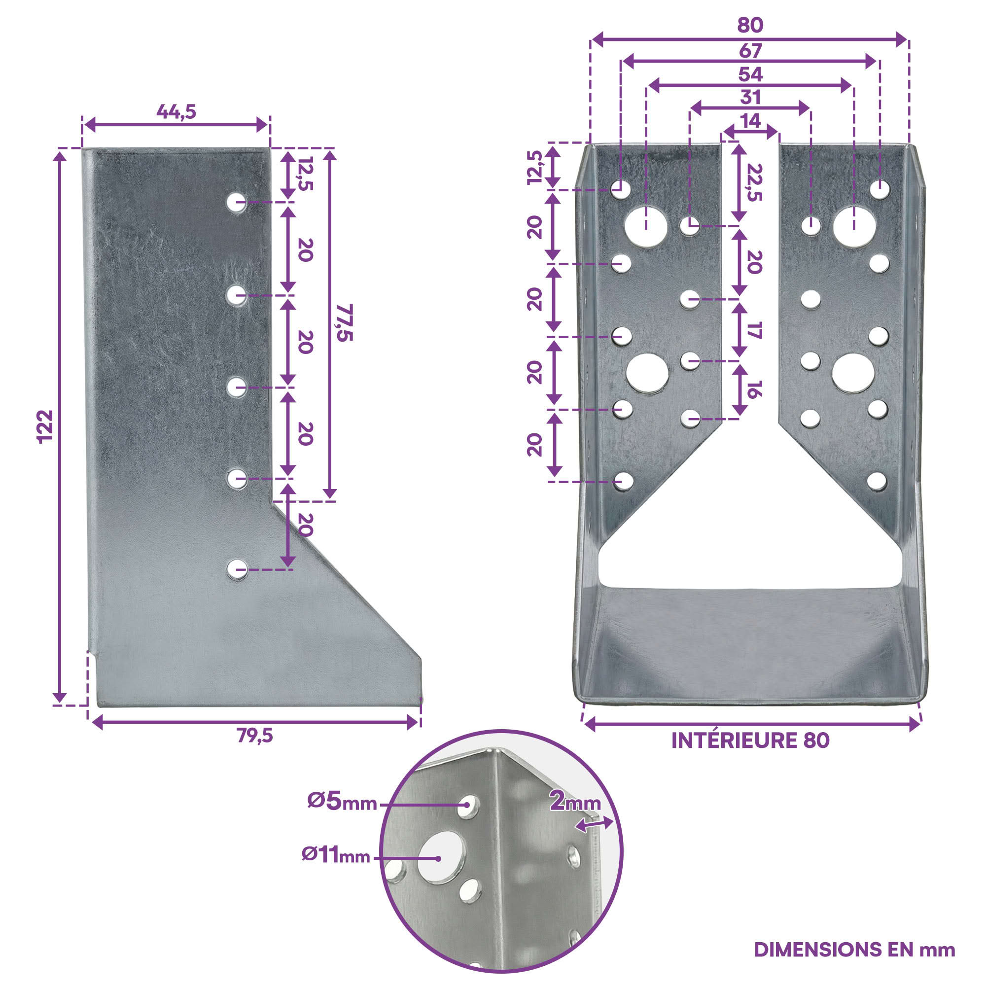 10 sabots de charpente à ailes intérieures - Larg. 80 x Ht. 122 mm - Connecteurs de poutres - Acier galva - Fabriqué en Europe - 2