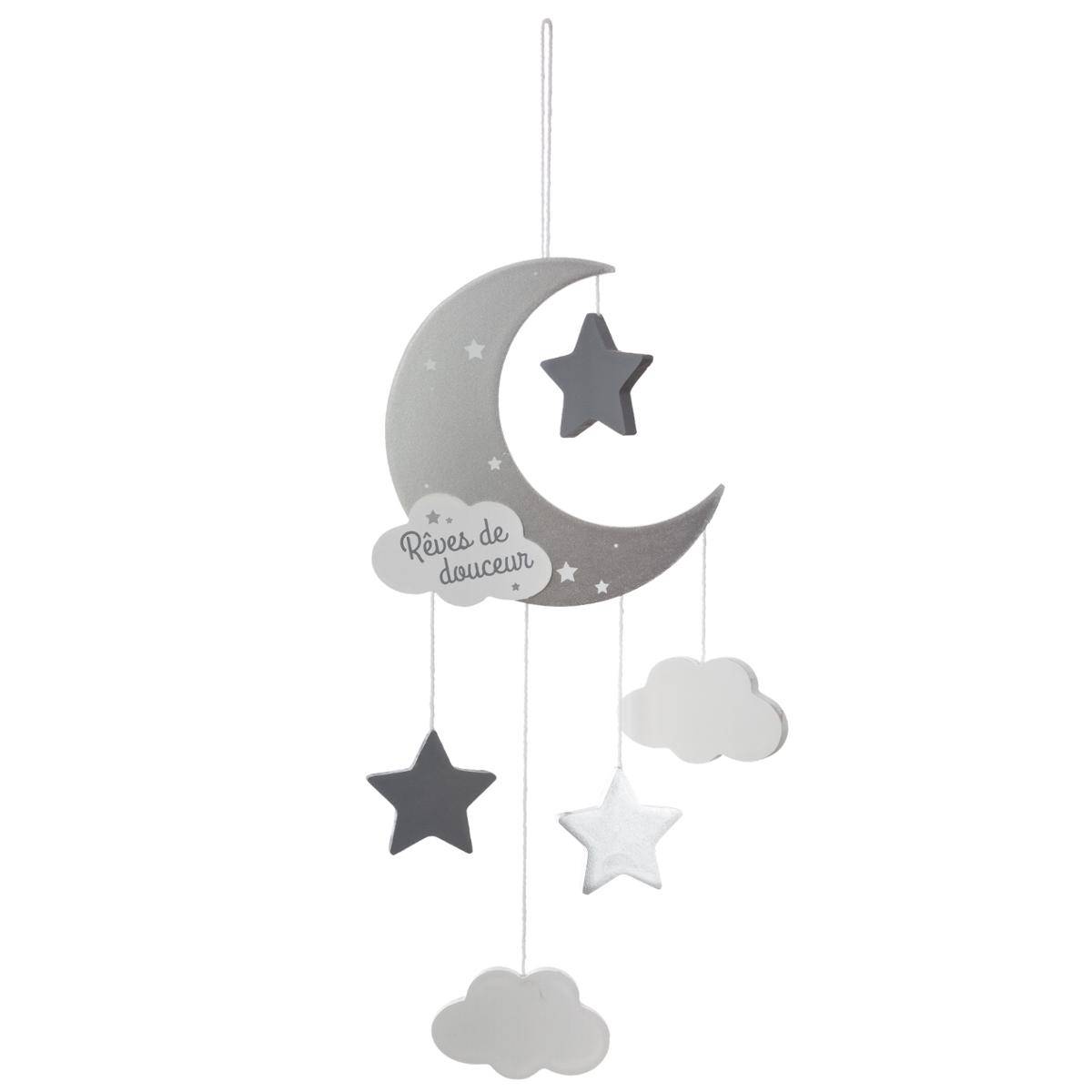 Lámpara colgante infantil luna - madera y algodón - gris - h46 -5 cm - atmosphera créateur d'intérieur