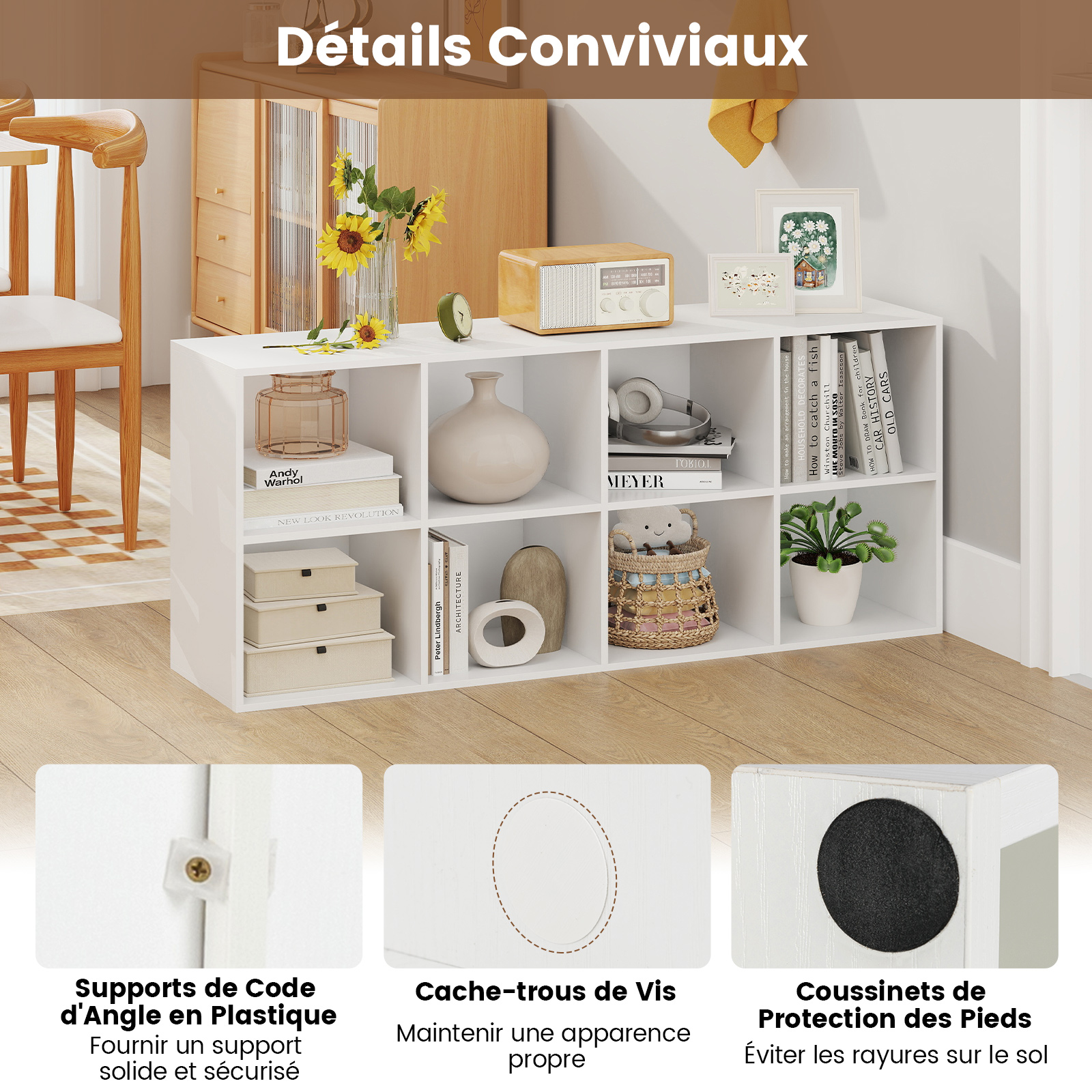 Bibliothèque d'Exposition à 2 Niveaux, Étagère de Rangement Autoportante Antibasculement, Meuble de Rangement pour Bureau & Chambre, Blanc - 6