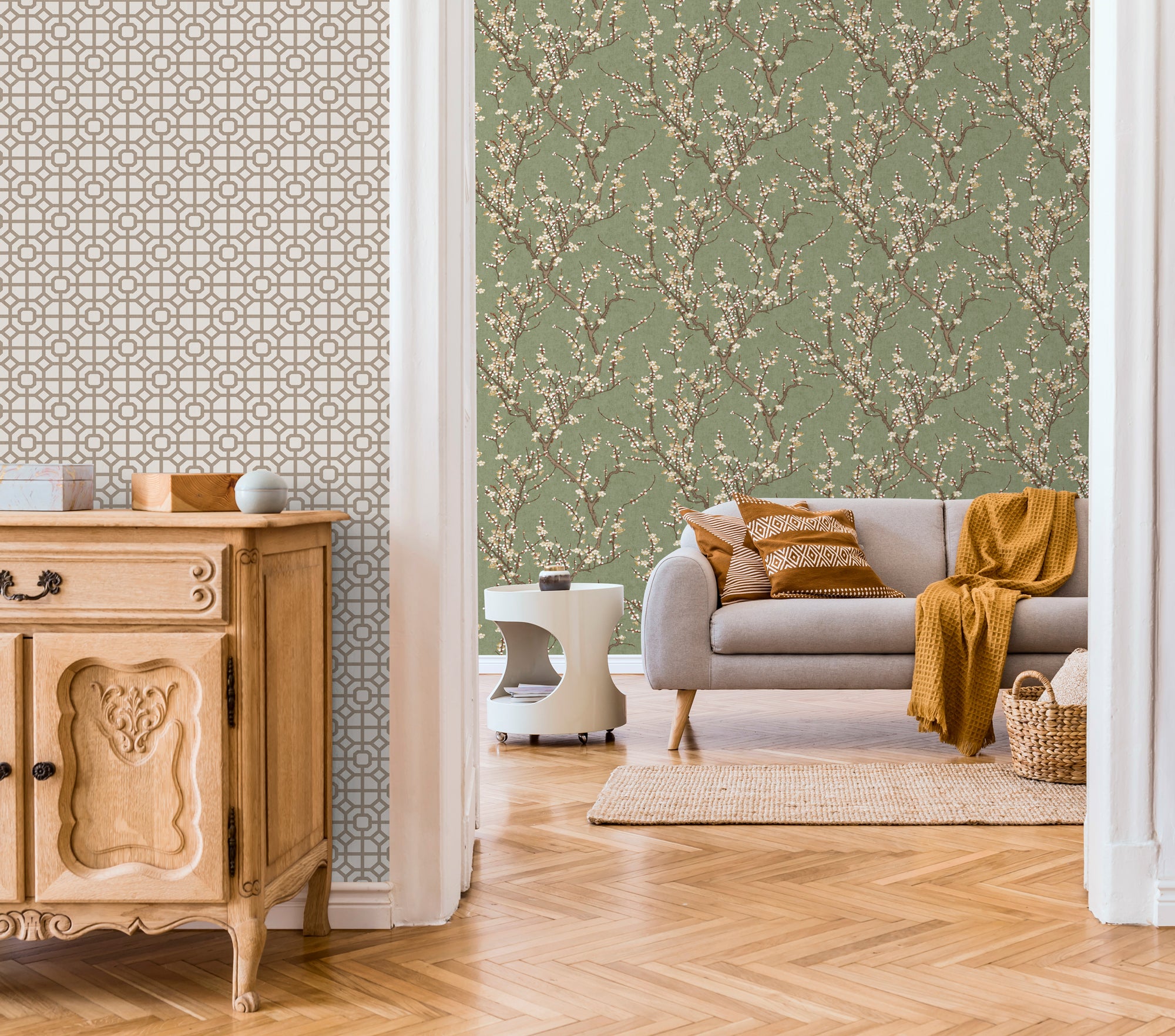 Carta da parati fiori verde oliva grigiastro e bianco - 53 cm x 10 m - Sanders & Sanders - 3