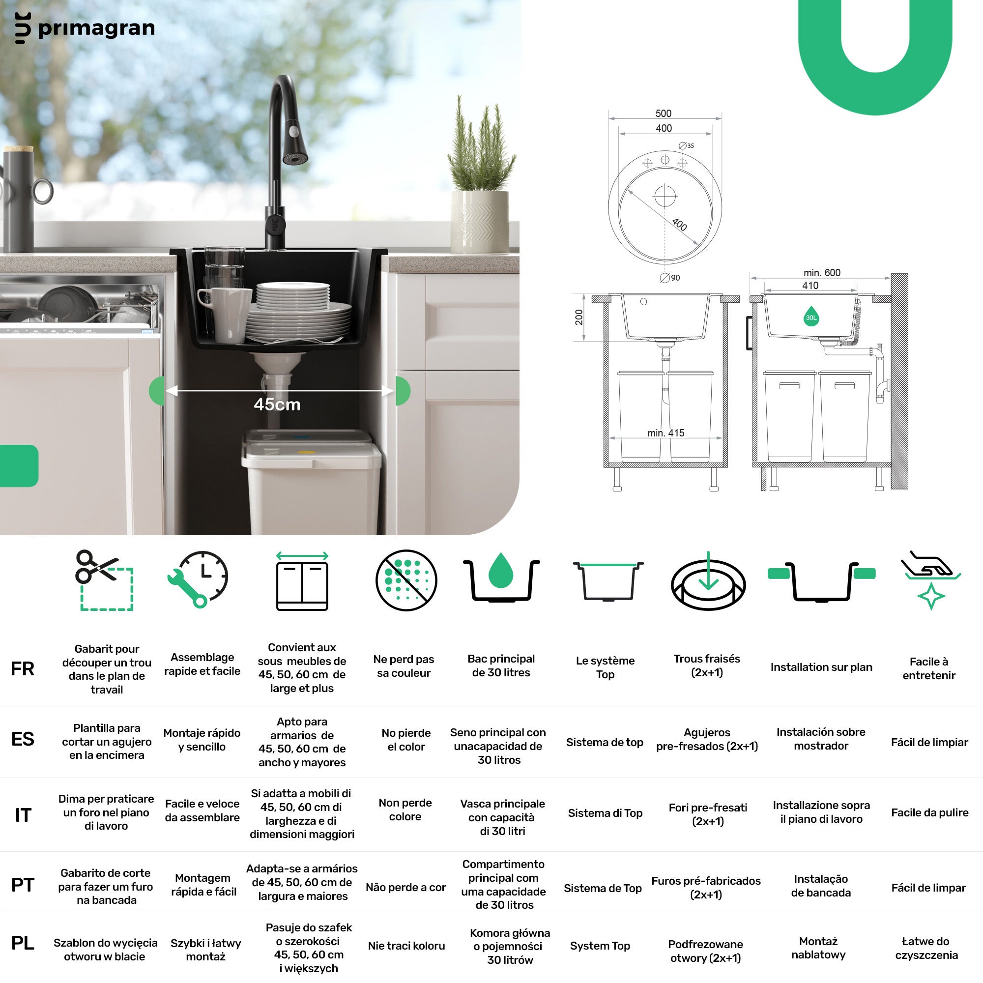 Lavandino Rotondo Bianco 50x50cm, Lavello in Granito a 1 vasca + Sifone Classico + Accessori, Lavabo da Cucina Incasso al mobile 45cm PRIMAGRAN - 6