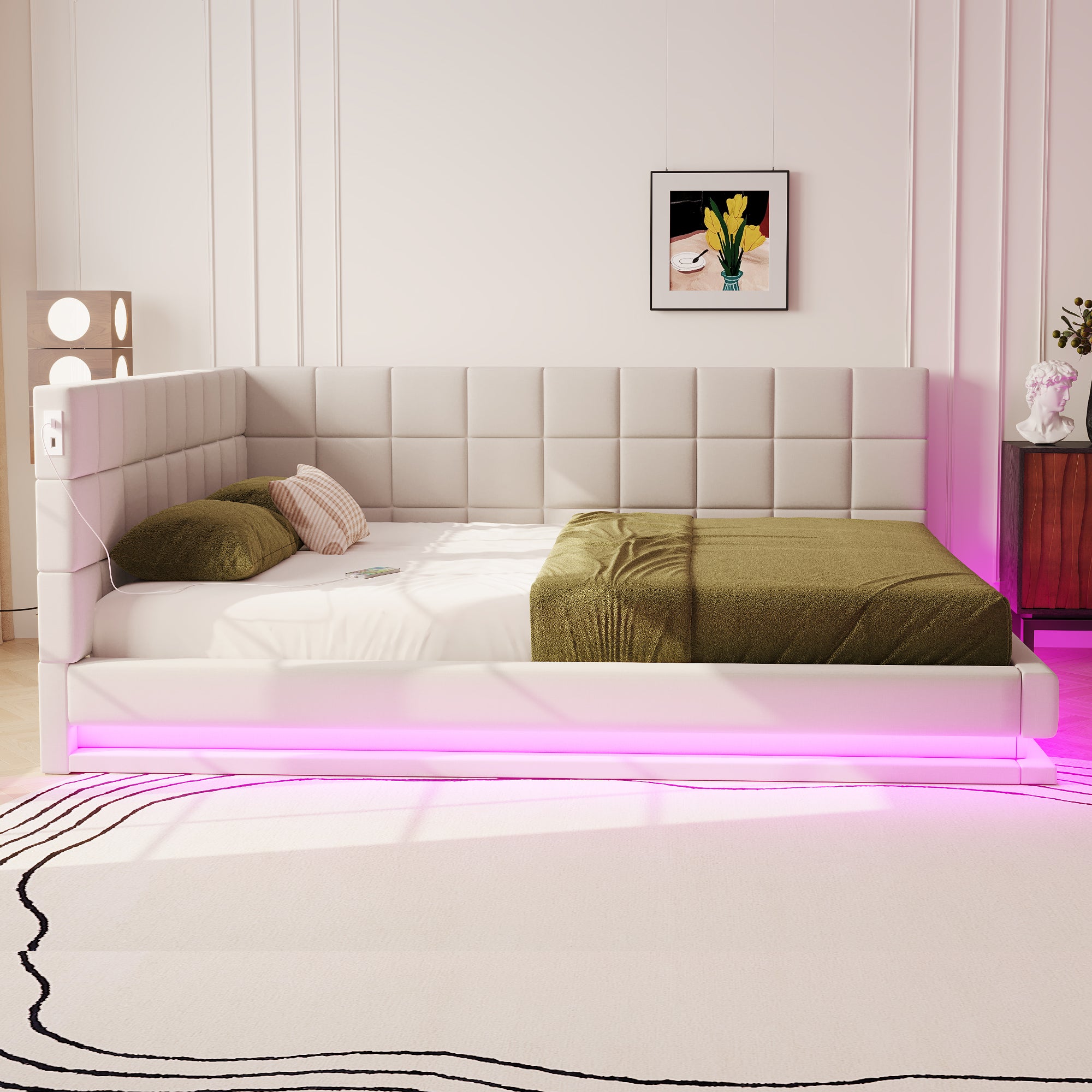 Sofa rozkładana tapicerowana 160x200cm - z oświetleniem LED - z wtyczką USB - tkanina aksamitna - beżowa