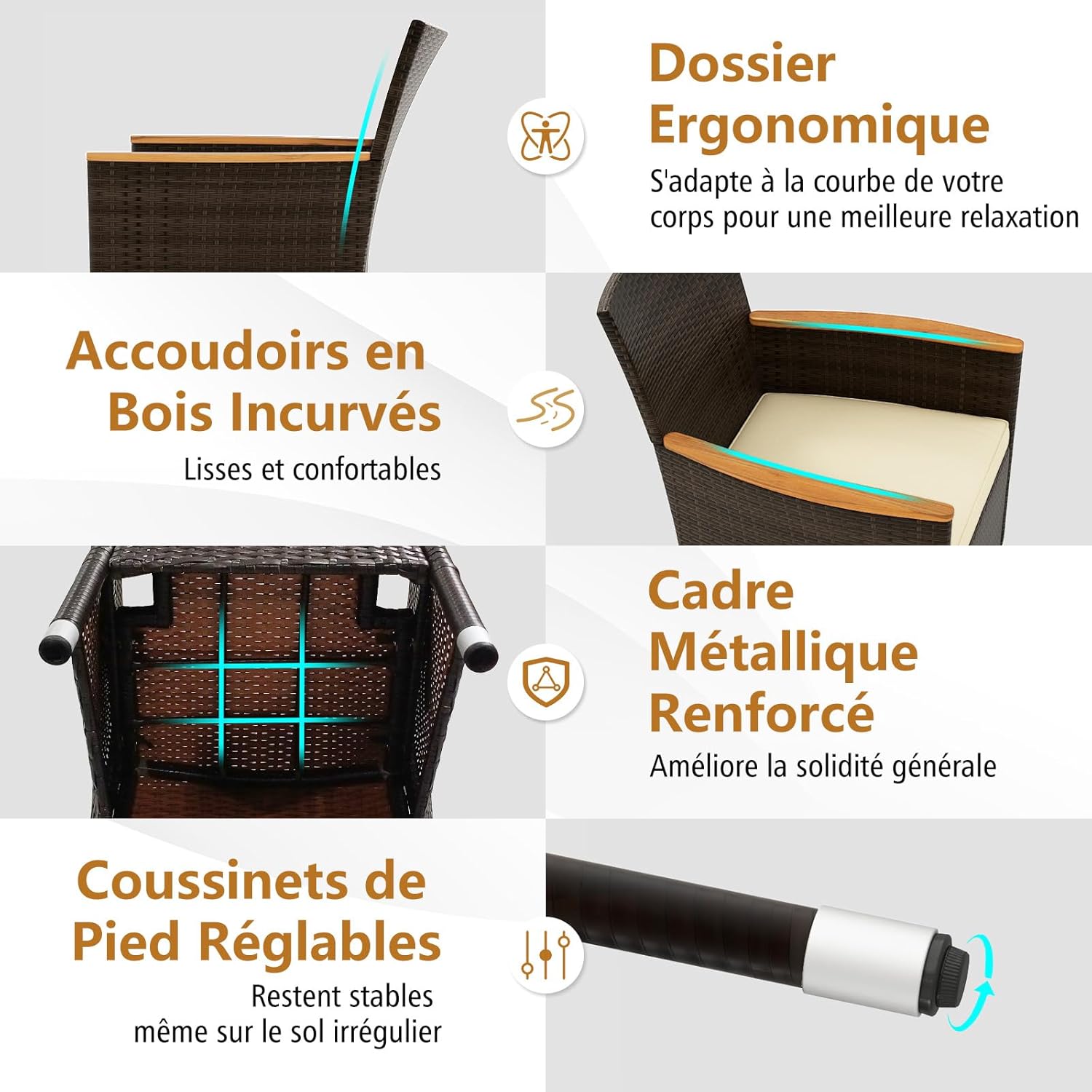 Salon de Jardin en Rotin 9 Pièces pour 8 Personnes Plateau de Table en Acacia, Ensemble de Salle à Manger , Chaise Charge 180KG, Marron+Beige - 3