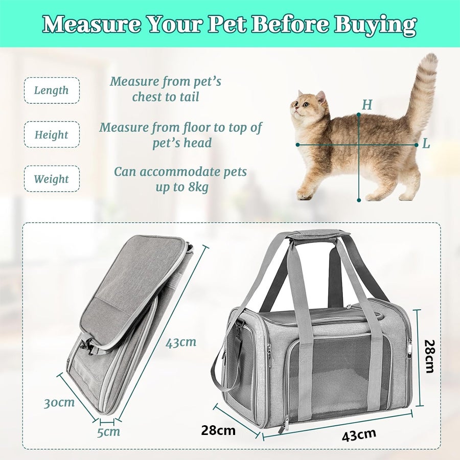 Bolsa de transporte dobrável e respirável para gatos e cachorros, ideal para viagens de trem e carro (cinza, 45x28x28cm). - 2