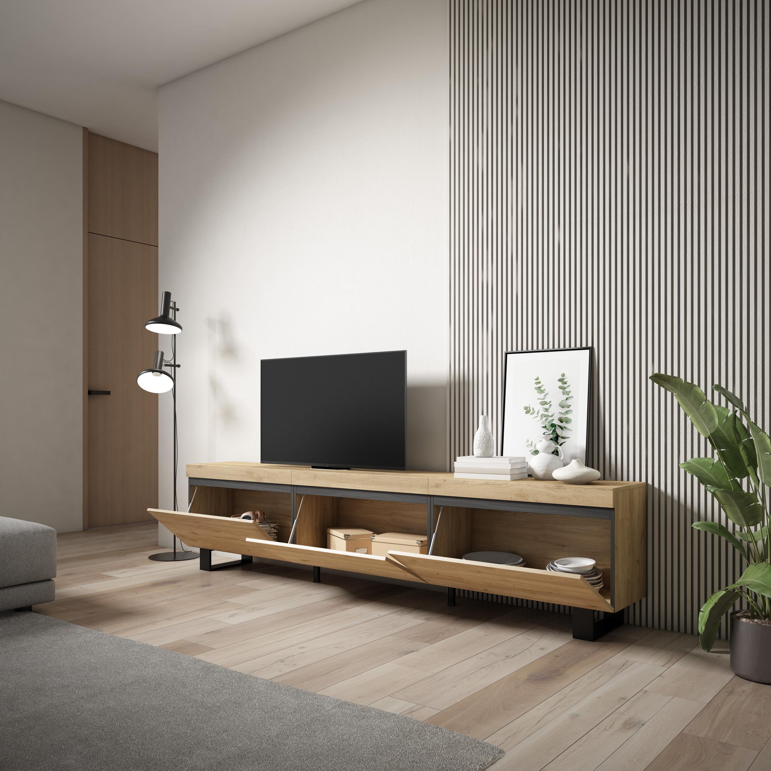 Meuble TV Blanc 95x57x40cm - Modèle Wind 100 Avec Porte Pliante Et Tiroirs