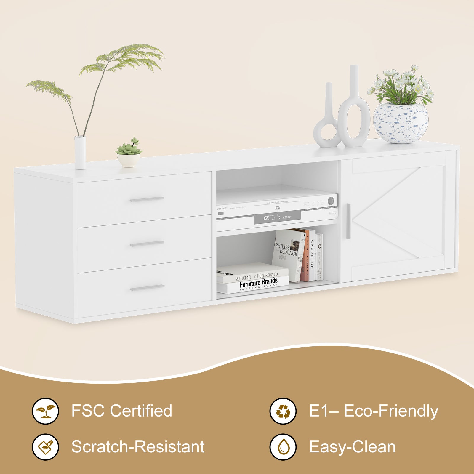 HOMAVO Meuble TV 160 cm – Meuble TV Avec 3 Tiroirs Et 1 Portes Coulissantes, Rangement Pratique - 2