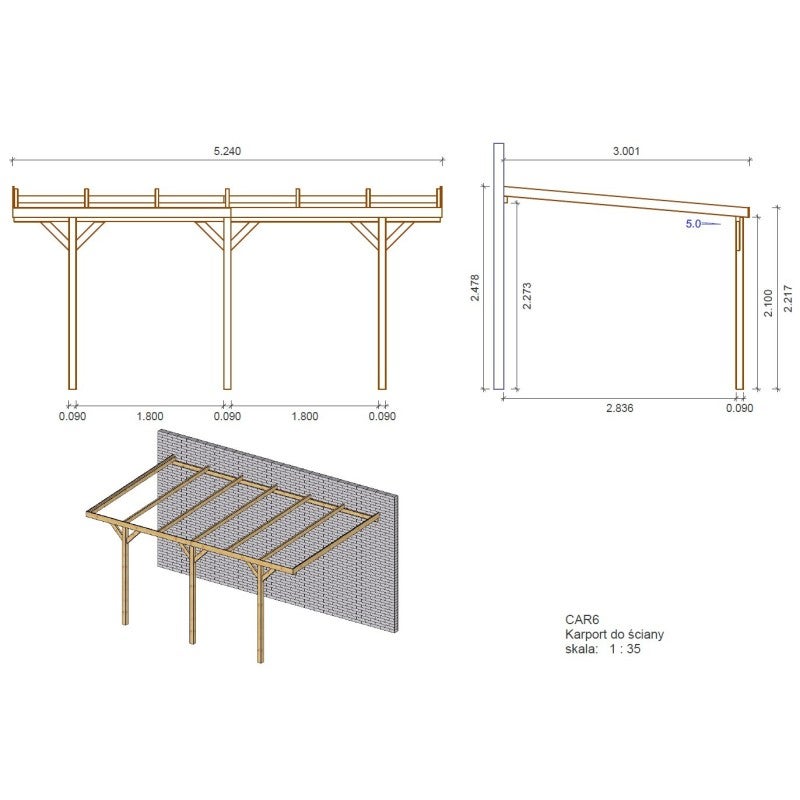Carport, abri de voiture 3x5.24 m - 15 m2 - adossé&nbsp; - CAR6 - ALTANKA - 7