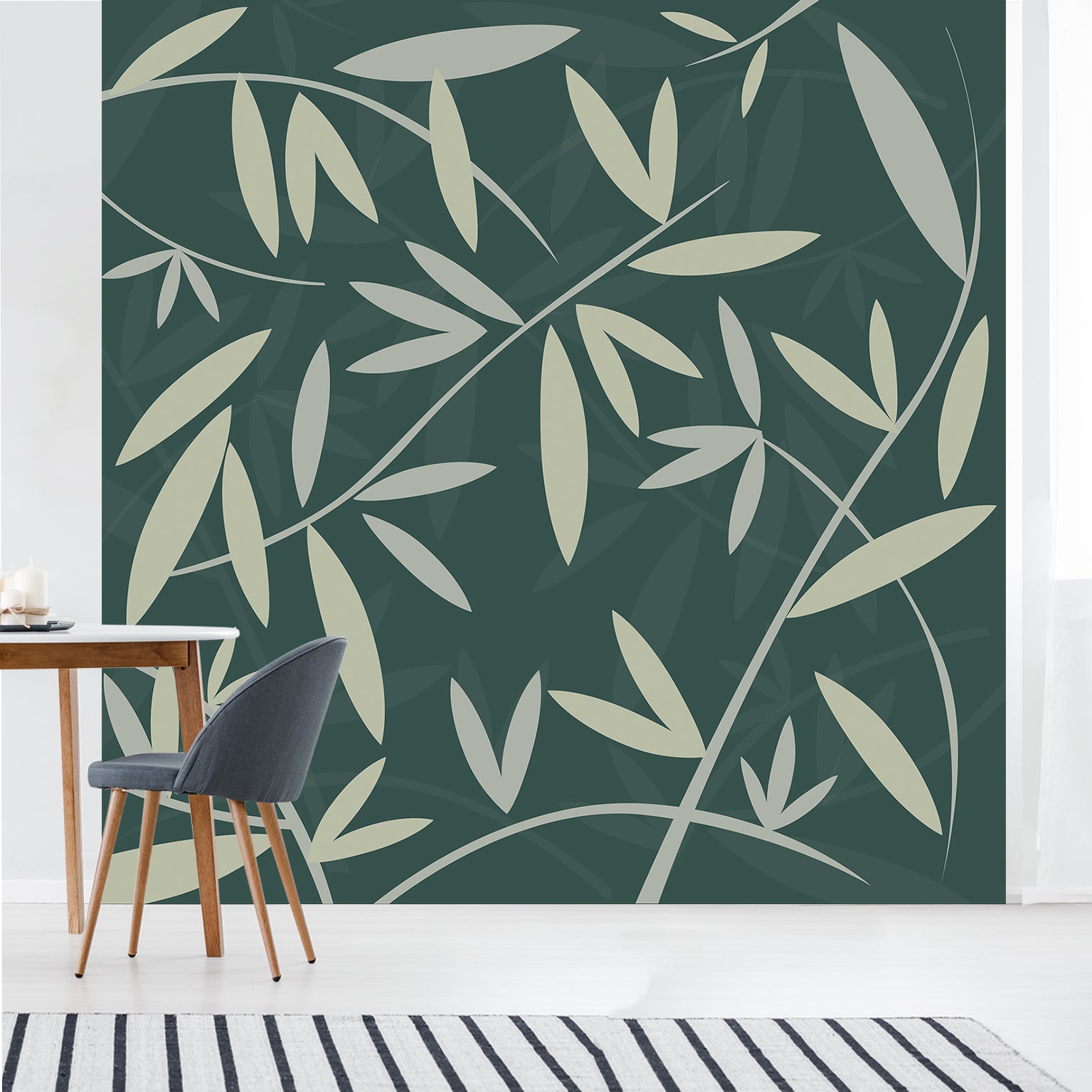 Insusente de papel tapiz panorámico, papel sin manchas, patrones de hojas de bambú verde claro sobre un fondo verde oscuro, 250 cm x 250 cm