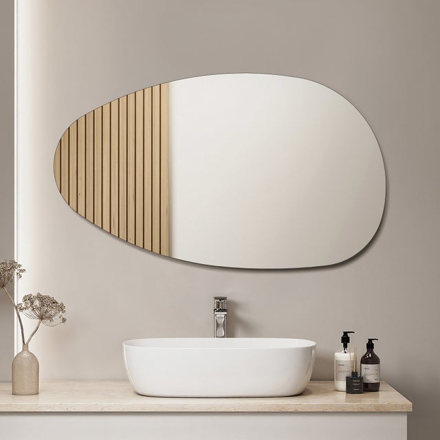 Miroir asymétrique sans cadre 85 × 50 cm, miroir mural anti-humidité pour salle de bains, bords polis, installation verticale ou horizontale
