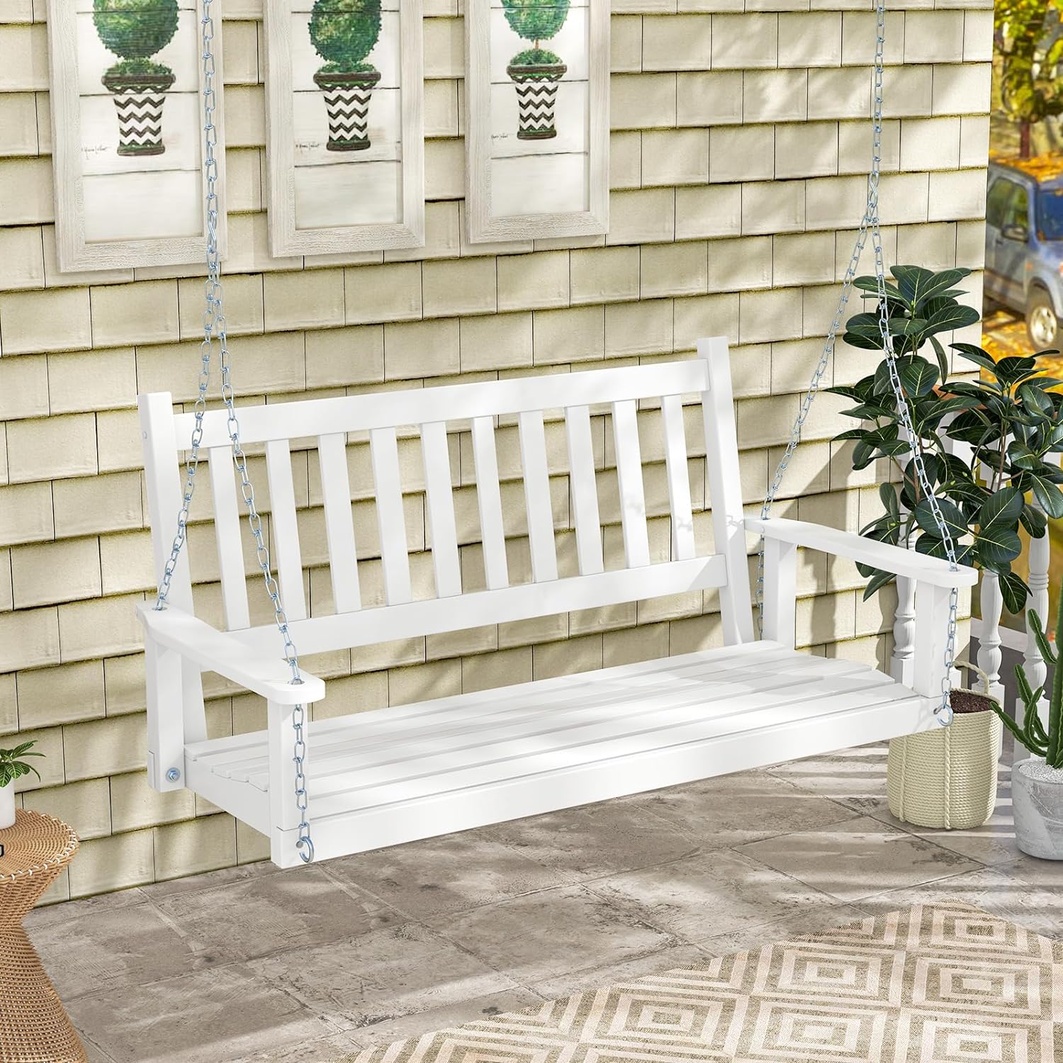 Balançelle Jardin 2/3 Places Extérieur, Chaise Hamac Siège Suspnedue en Bois avec Chaînes de Suspension Ajustables,230/360KG(168x65x63CM,Blanc) - 8