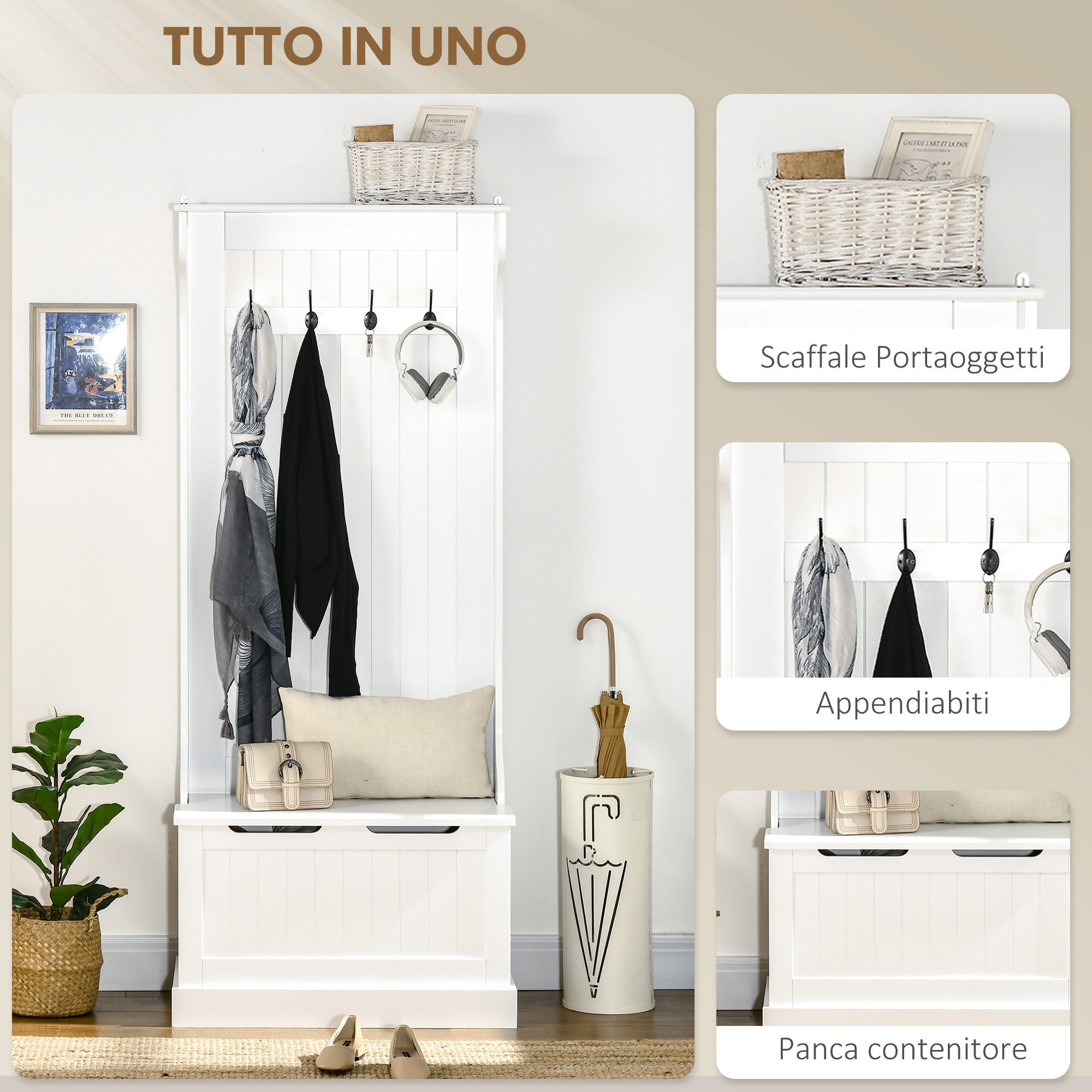 HOMCOM Appendiabiti Con Panca Contenitore In Mdf, Per Casa E Ingresso, Max.100kg - 71.5 X 39.5 X 170cm, Bianco - 4