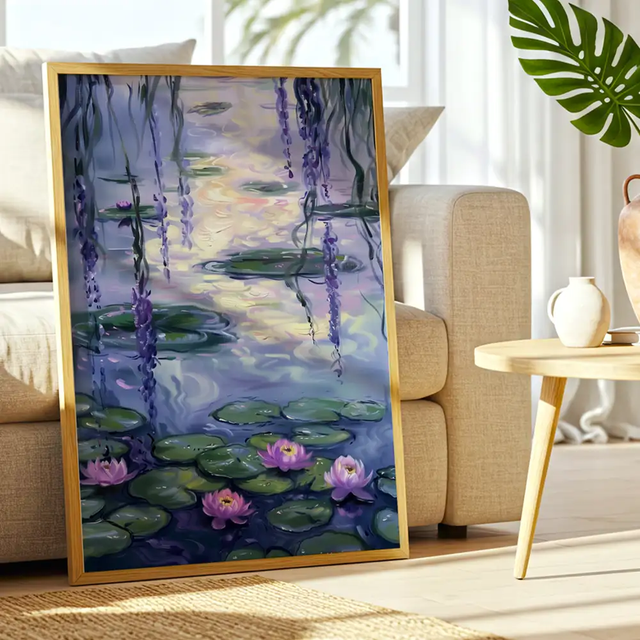 DekoArte – cuadro decorativo de pared naturaleza 70x100 cm |cuadro con marco de madera natural estilo Monet |Delicadeza impresionista |Hecho en España
