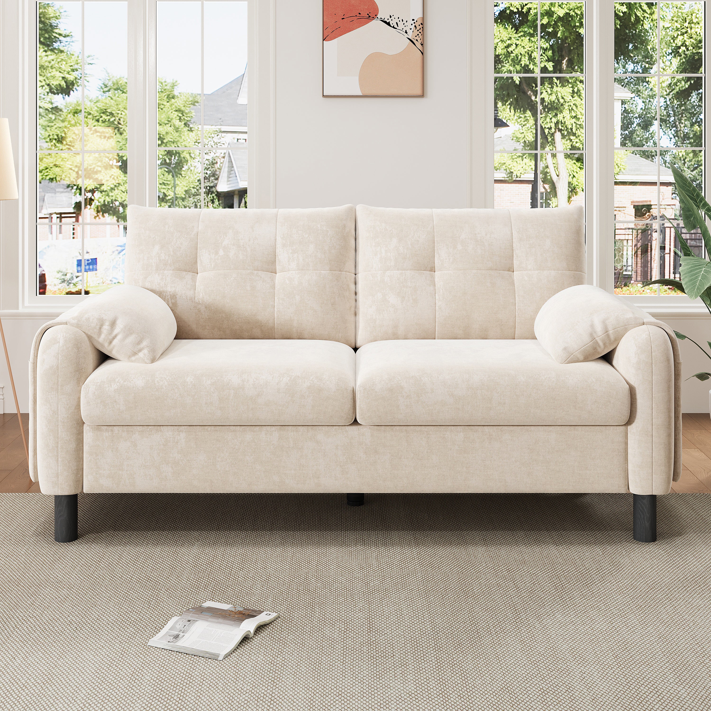 Nowoczesna sofa 2-osobowa z grubymi poduszkami - 158 x 80 x 88,5 cm - Tkanina szenilowa - Beż - 2