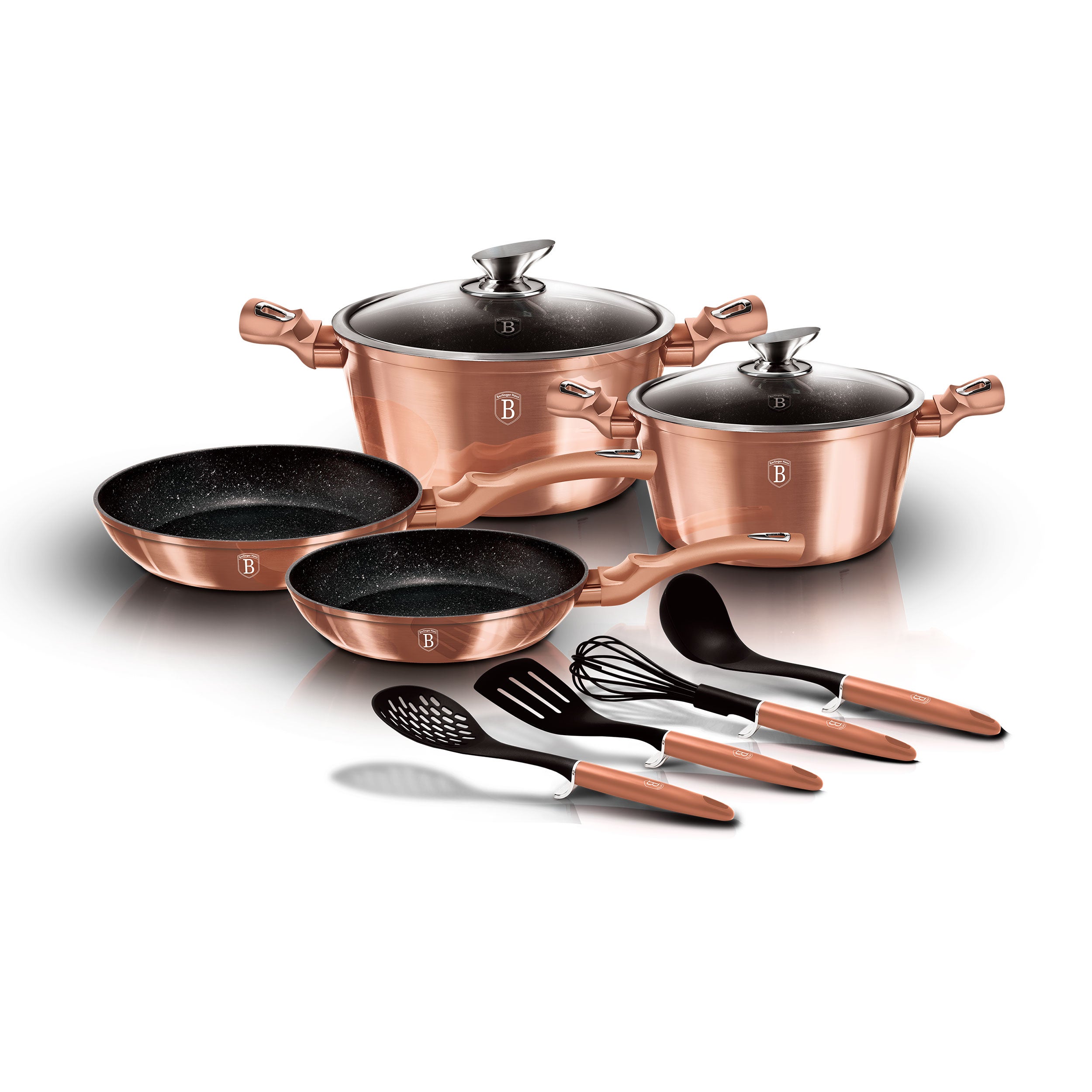 Batería cocina inducción 10 piezas, antiadherente mármol sin pfoa, aluminio, cazuelas sartenes, berlinger haus, oro rosado, , rose gold