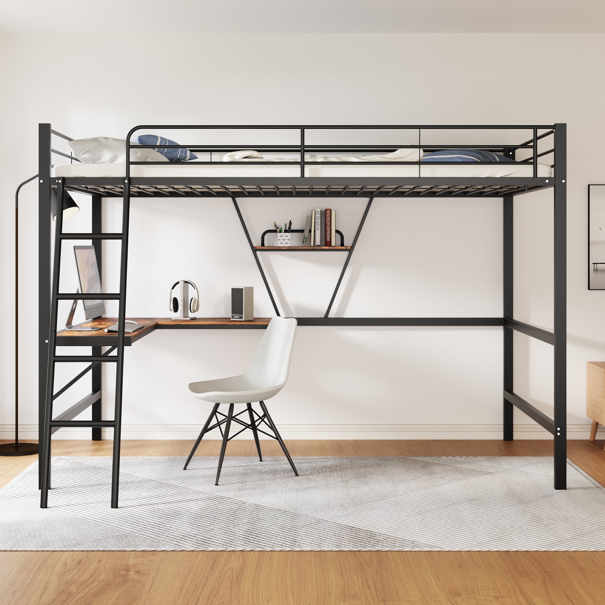 Metalowa rama łóżka 90x200 cm, łóżko na poddaszu ze stolikiem w kształcie litery L i półkami dla dzieci, nastolatków i dorosłych, czarna