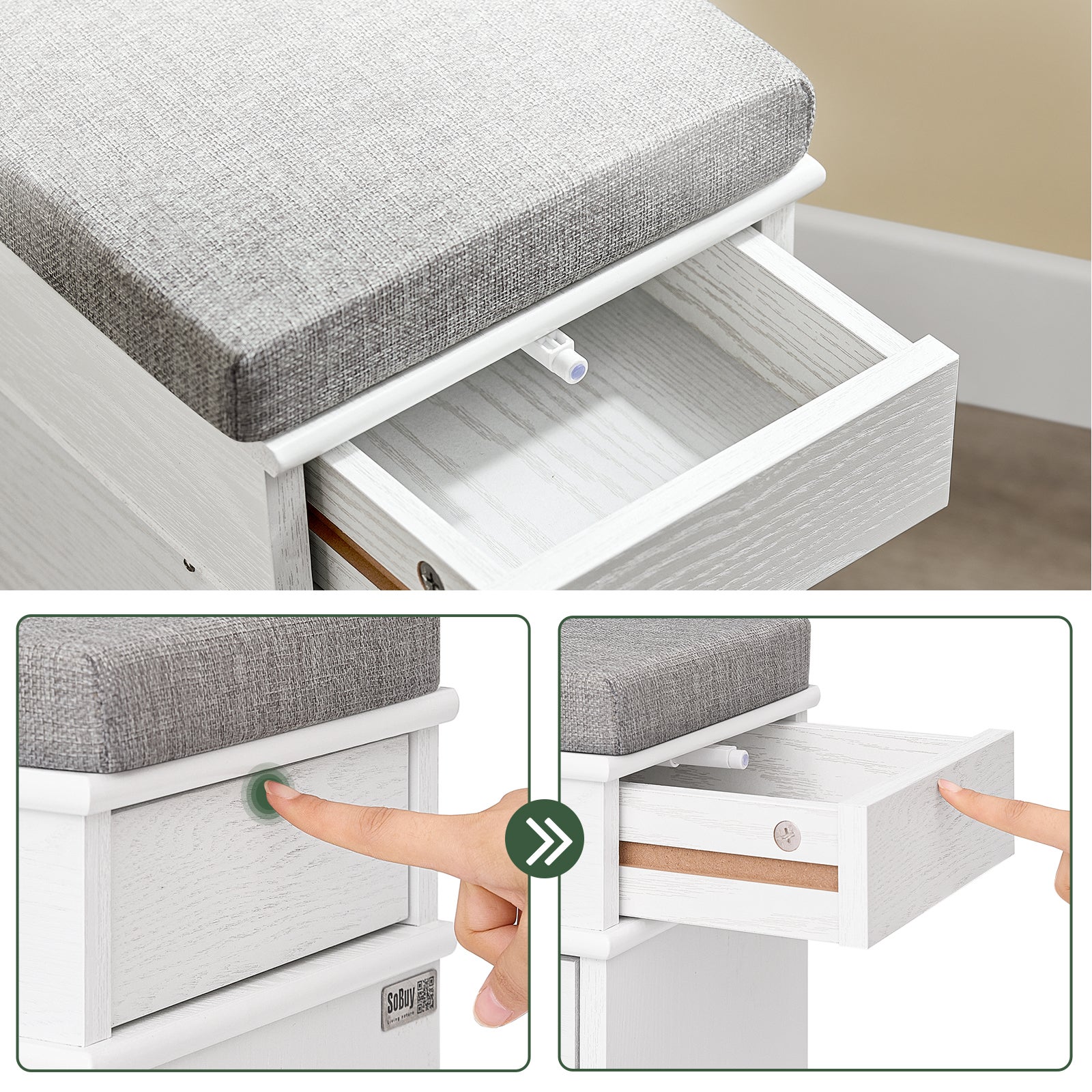 SoBuy Meuble Chaussure Rangement Chaussure Banc Chaussures Entrée - 2 Abattants avec Coussin Amovible, 104x24x51cm, Blanc, FSR64-WG - 6