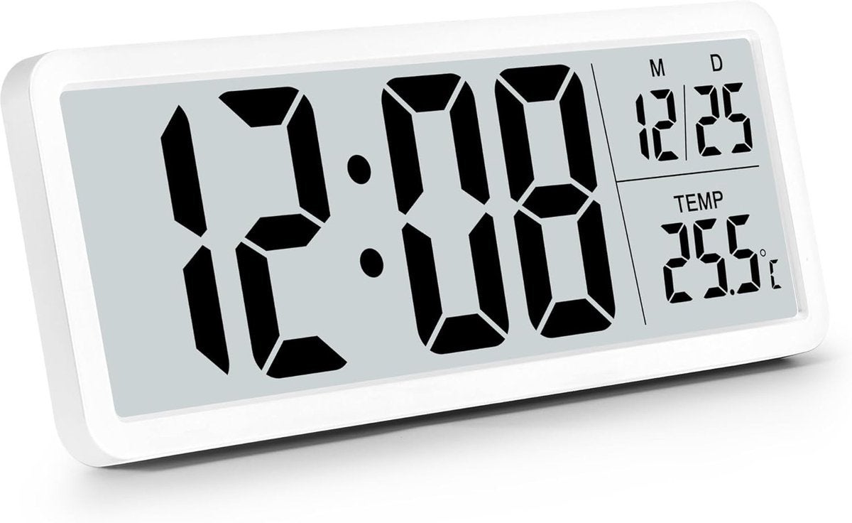 Ceas de perete digital cu baterii, cu cifre mari, afișaj al temperaturii și format 12/24 de ore, ideal pentru birou, sufragerie sau dormitor.