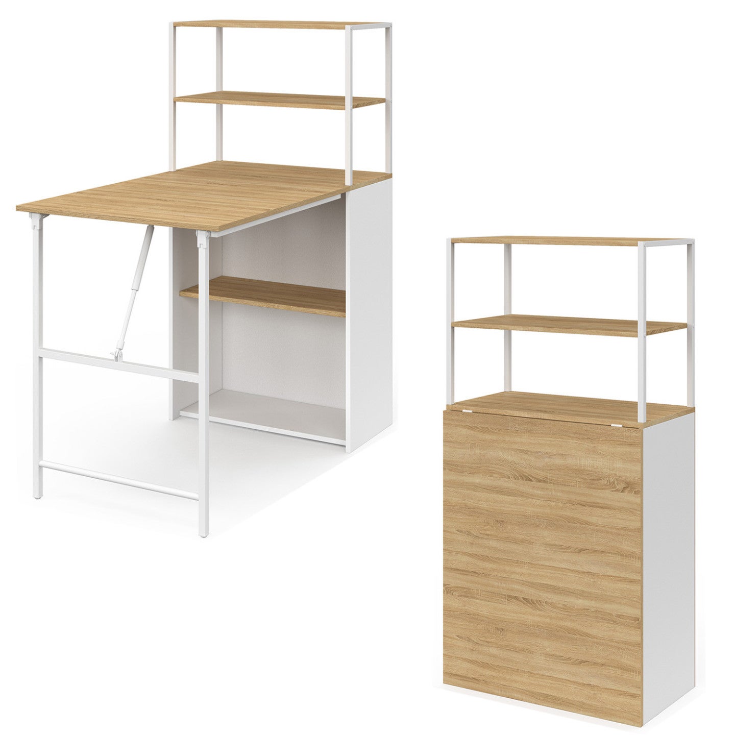 Bureau bibliothèque pliable RAY plateau rabattable bois façon hêtre et blanc - 2