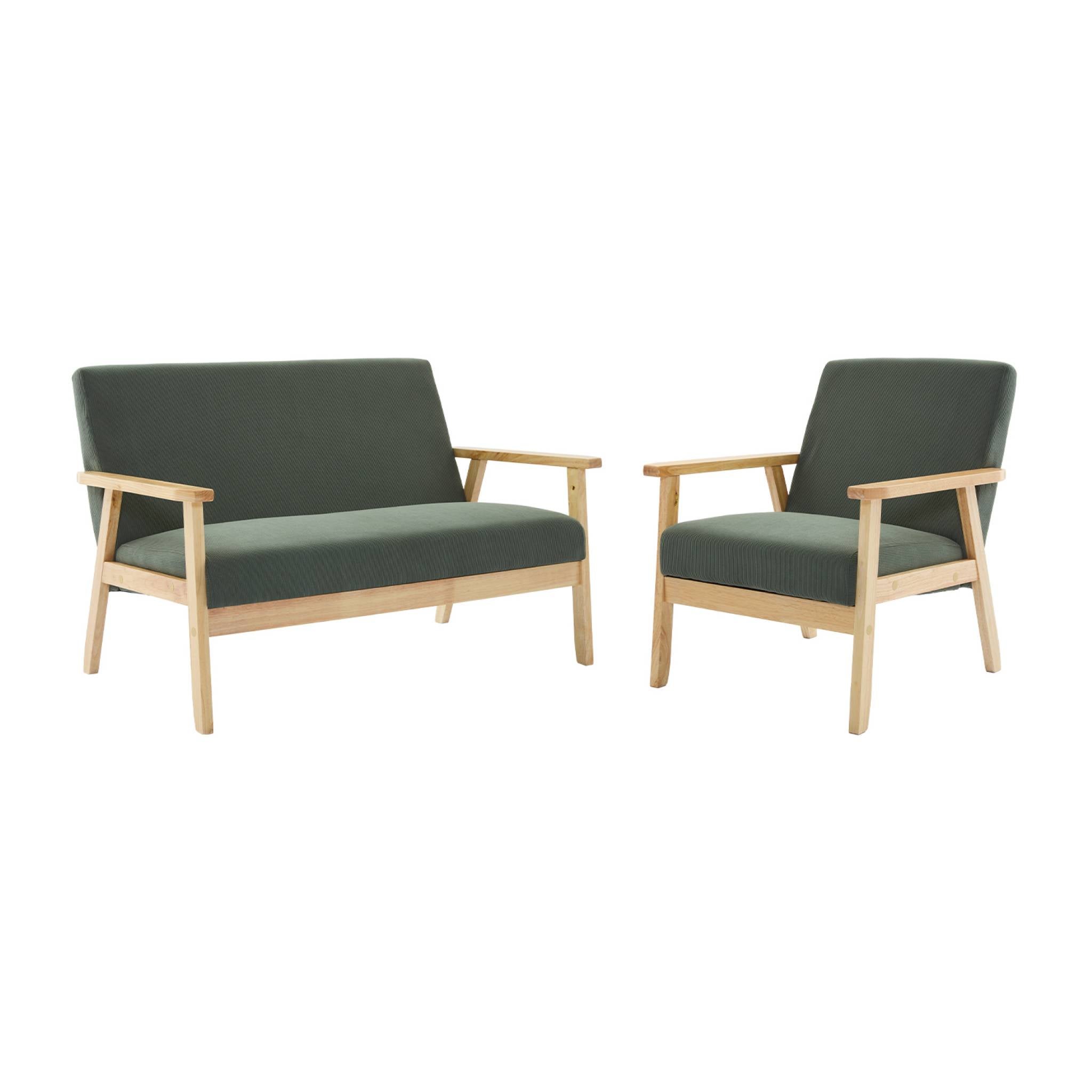 Sofá de 2 plazas y sillón de pana con patas de madera, isak pana, kaki oscuro, 130x79x69 cm