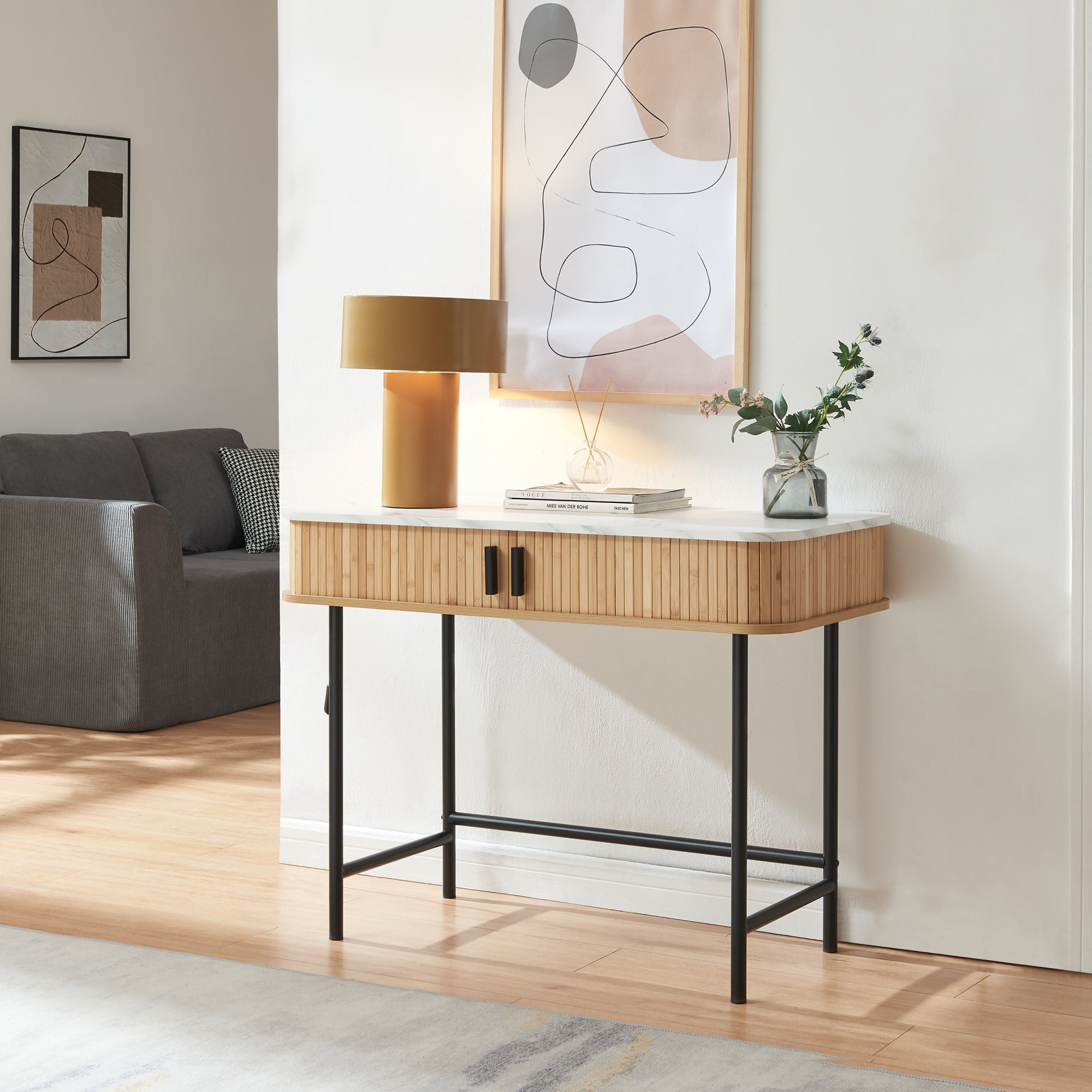 Tavolo consolle lungo 160 cm, tavolo d'ingresso a 2 livelli, tavolino