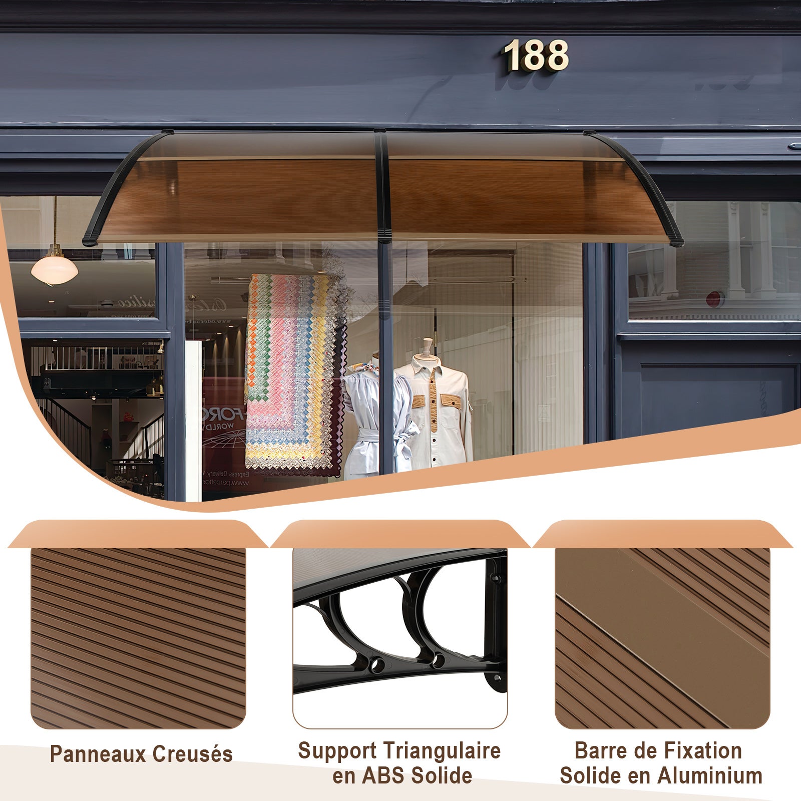 Toldo para porta de entrada 199 x 99 cm Proteção solar, marquise para porta e janela Placa em policarbonato Proteção contra chuva, castanho - 8