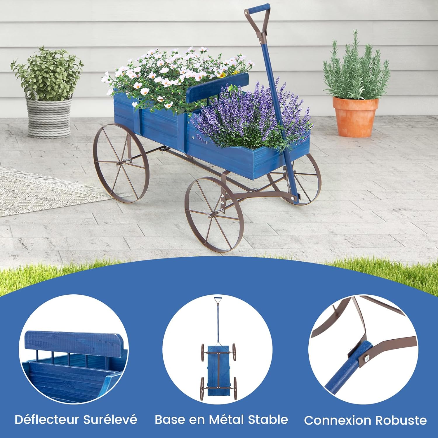 Brouette Décorative en Bois avec 2 Compartiments à Planter Roues Métalliques et Poignée à l'avant Charge 15kg pour Cour Jardin Véranda (Bleu) - 3