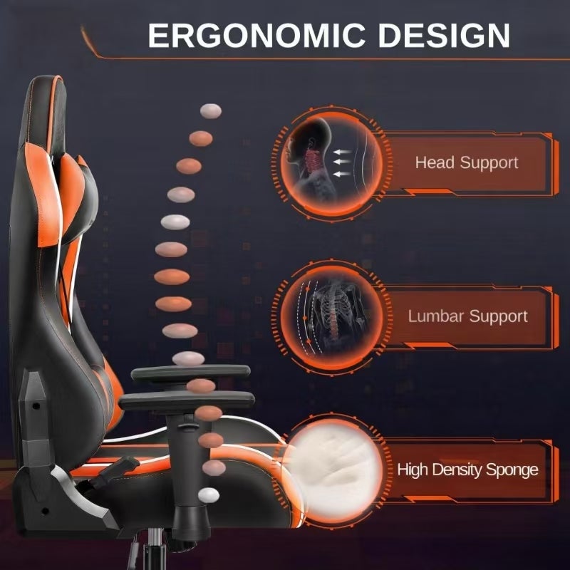 Chaise gaming ergonomique réglable en hauteur avec appui-tête et soutien lombaire, fauteuil bureau pivotant noir/orange - 4