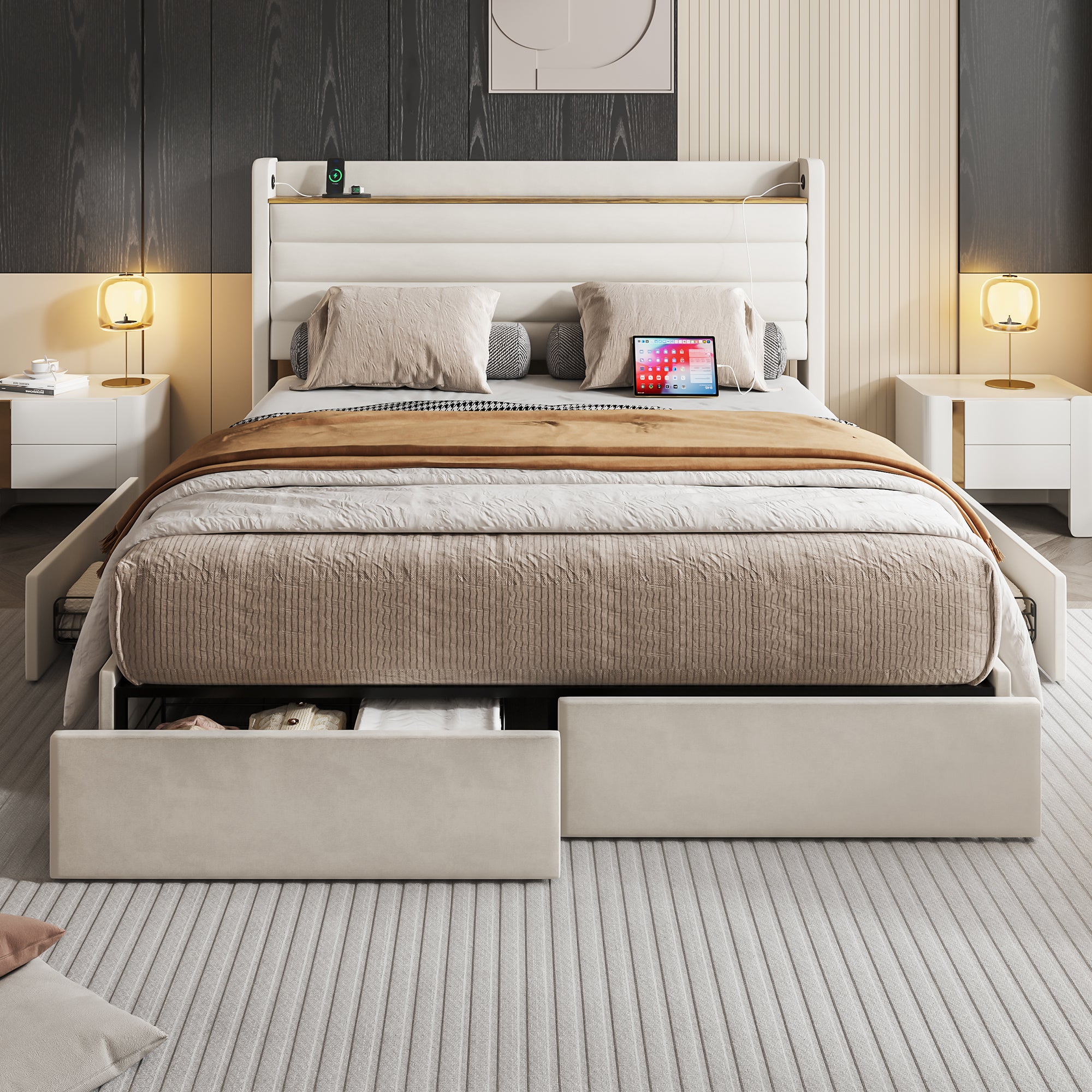 Lit Capitonné Double 140 X 200 Cm En Velours Beige Avec 4 Tiroirs