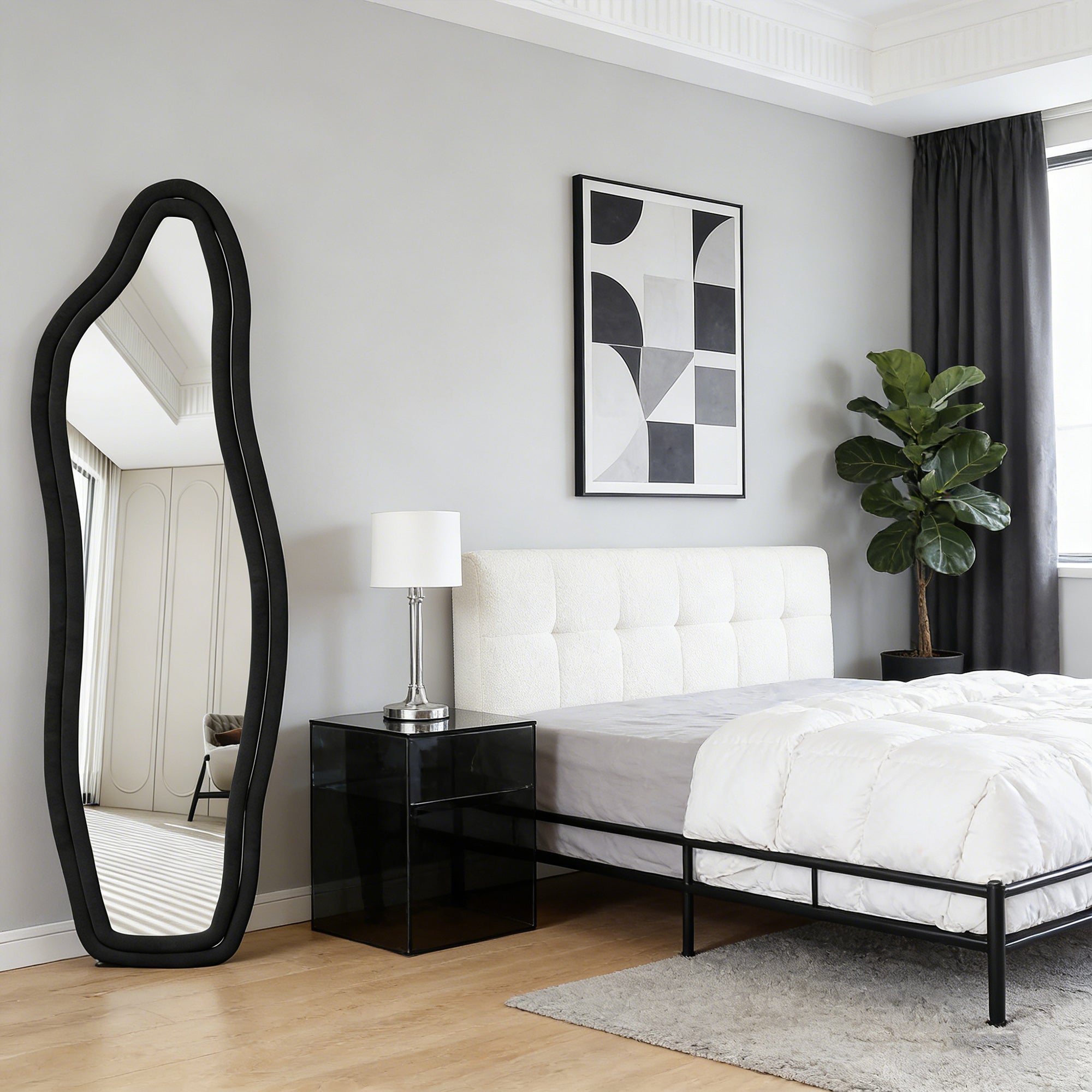 Miroir sur pied 160x50 cm, COZY, Miroir grand modèle, Miroir mural avec velours frame, verre trempé, pour Chambre, Noir - 3
