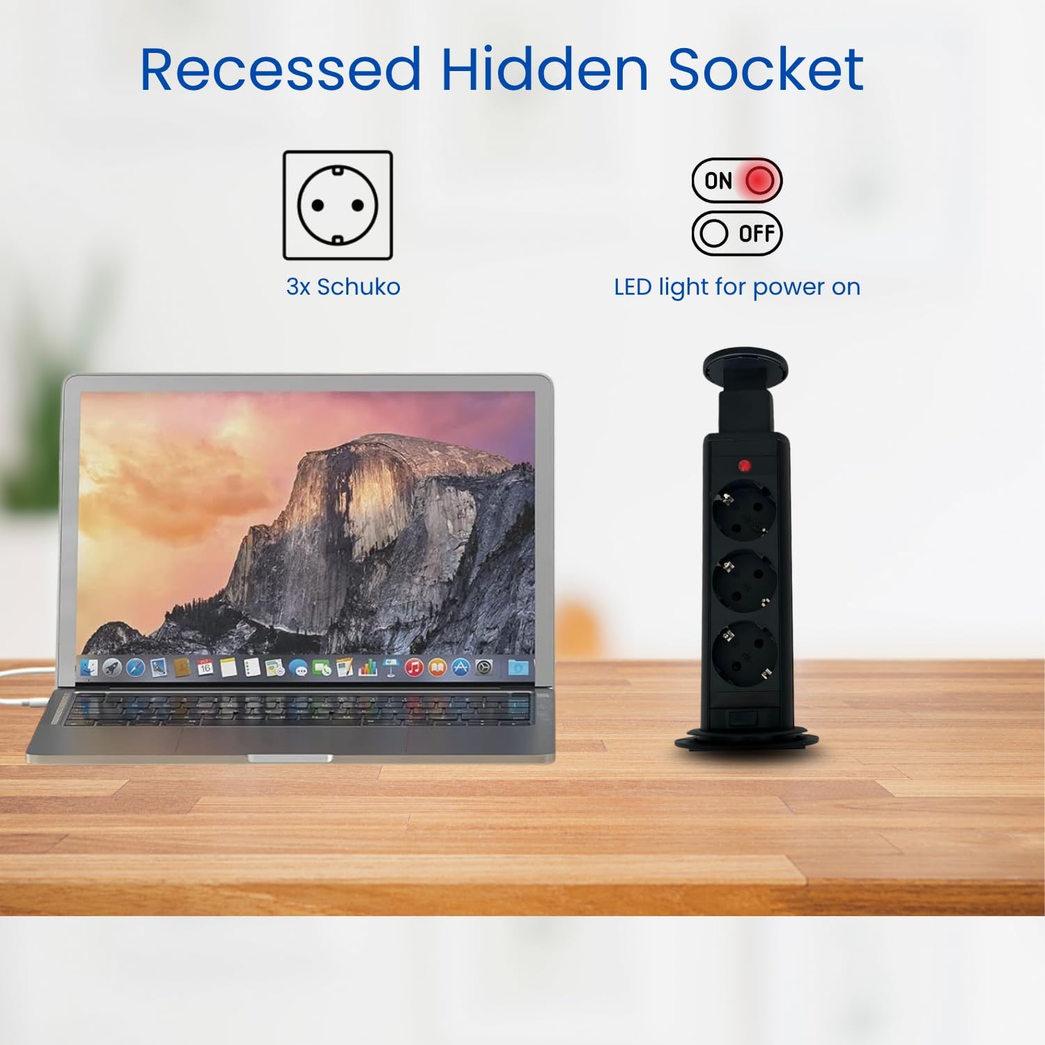 Multiprise Verticale Escamotable avec 3 Prises Schuko, Ouverture Push et Câble 1,8 m. Pour Bureau, Table, Cuisine et Bureau (Couleur Noir) - 2