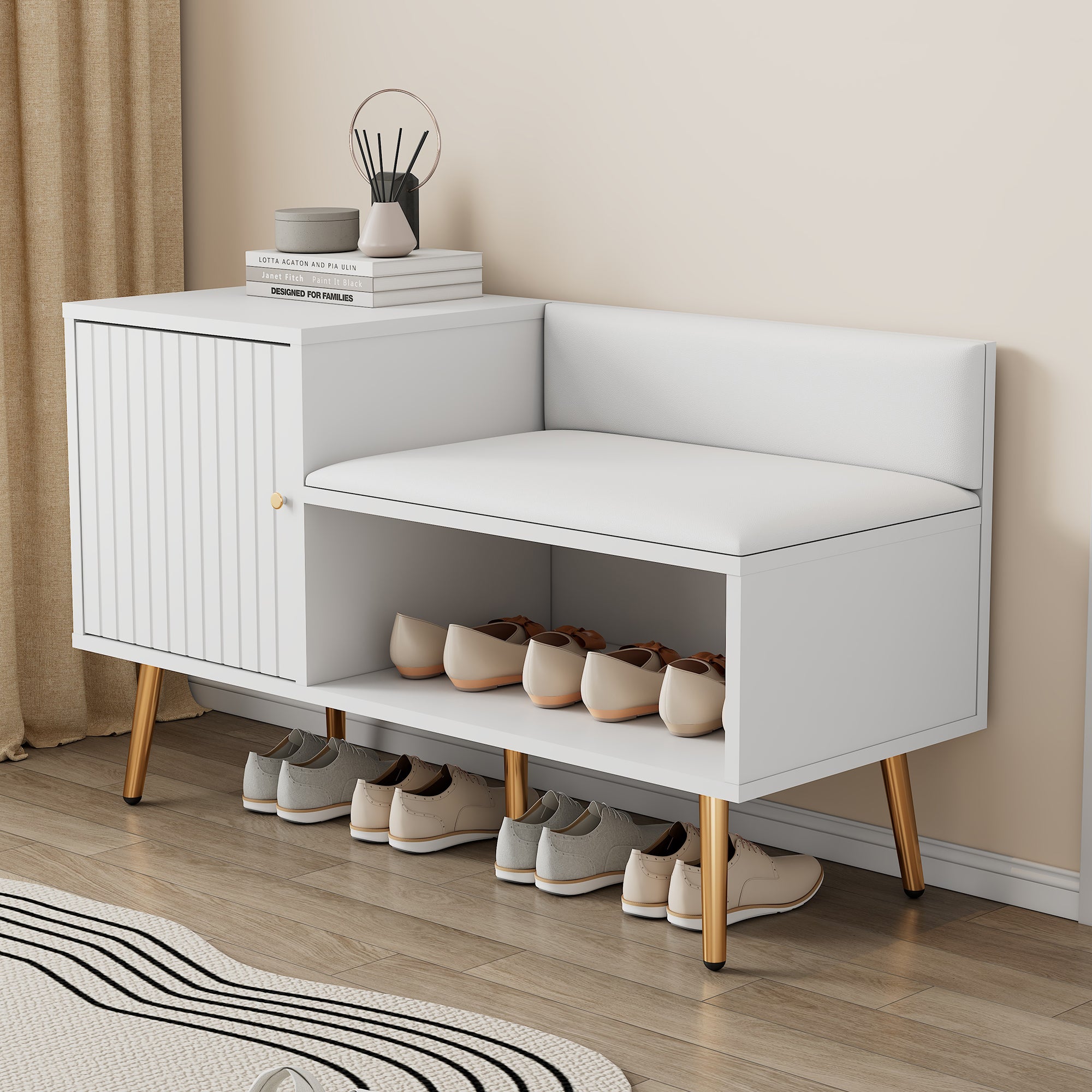 Banc coffre luxueux blanc avec rangement, siège rembourré, dossier, poignées métal, 100x40x58 cm - 6